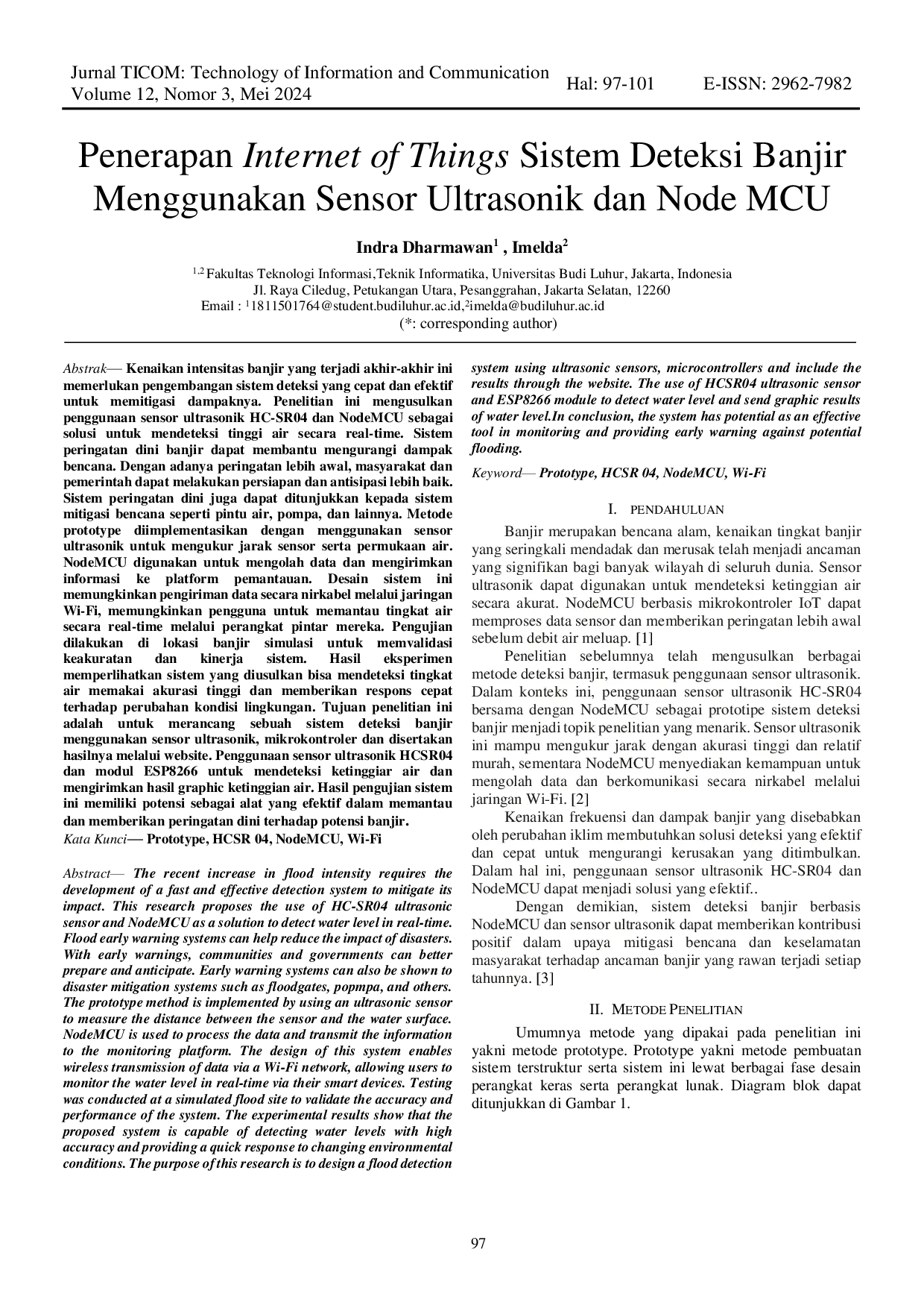 JURIS Penerapan Internet of Things Sistem Deteksi Banjir Menggunakan Sensor Ultrasonik dan Node MCU