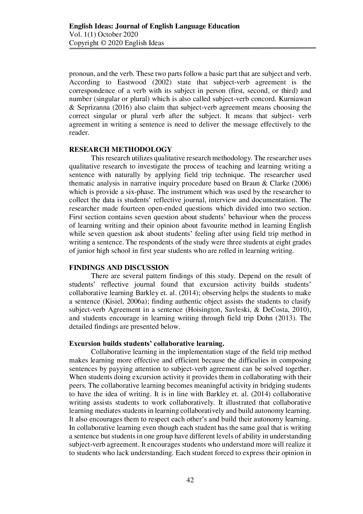 JURIS Incorporating field trip method assisted on students writing a sentence identify subject verb agreement