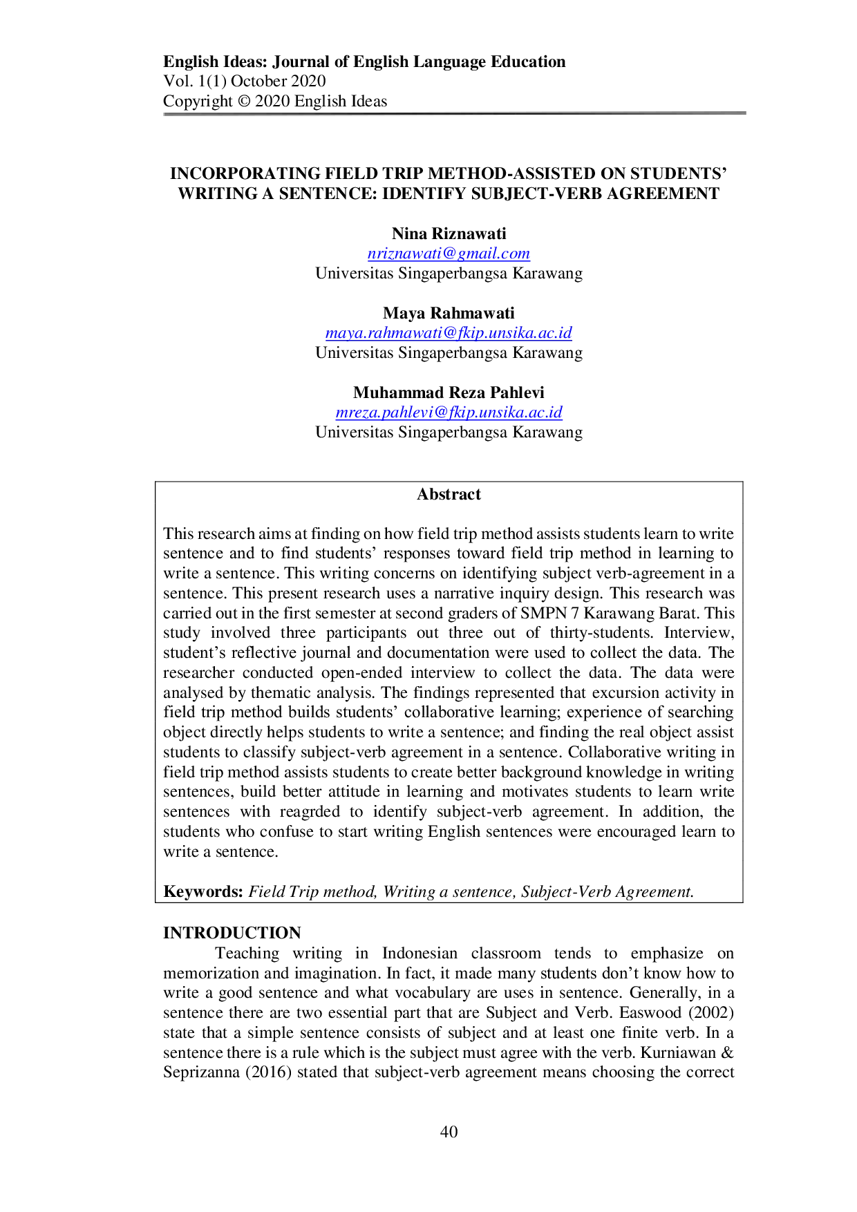 JURIS Incorporating field trip method assisted on students writing a sentence identify subject verb agreement