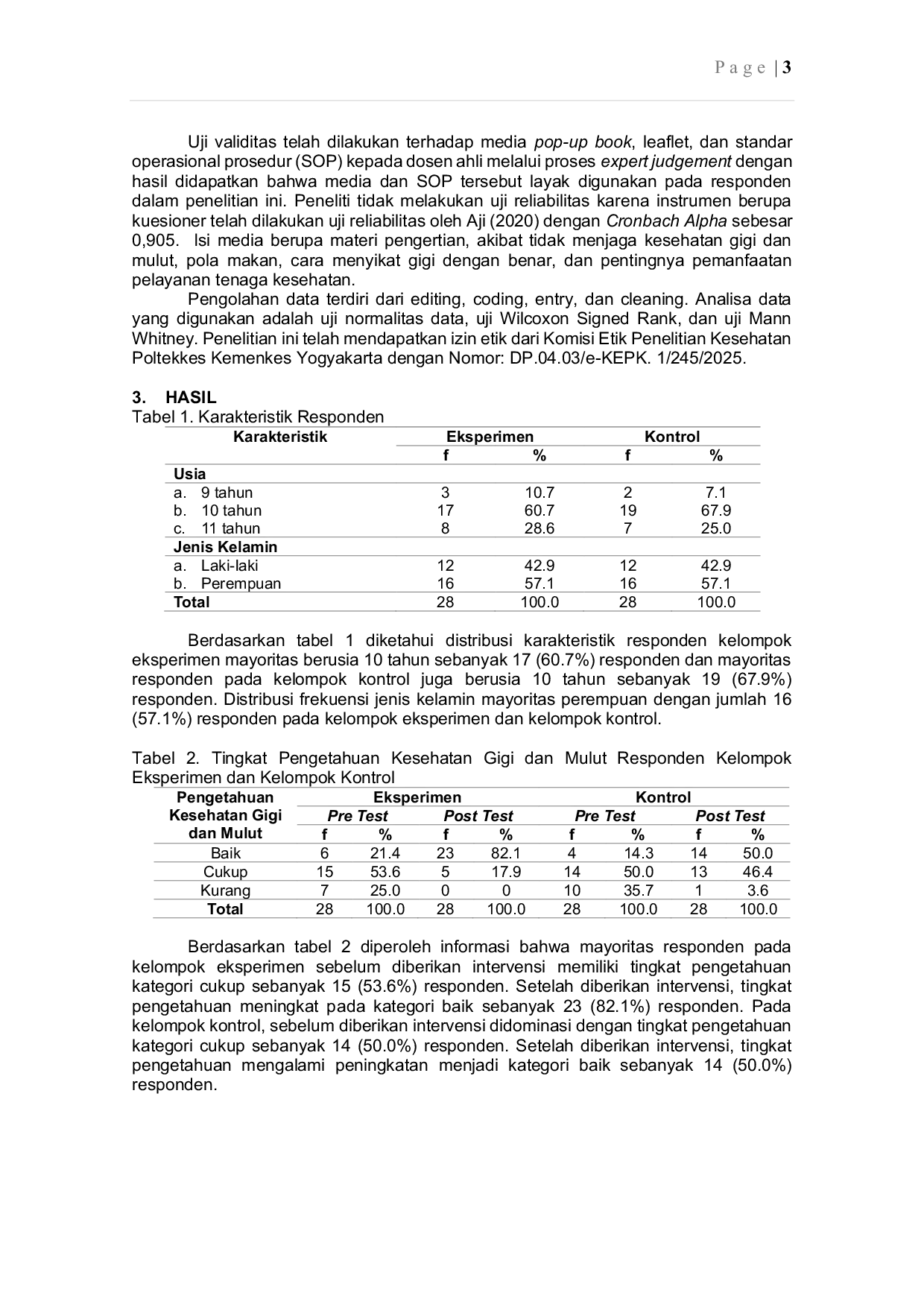 JURIS Pendidikan Kesehatan Menggunakan Media Pop Up Book Dapat Meningkatkan Pengetahuan Kesehatan Gigi dan Mulut Pada Anak Usia Sekolah di SD N Demak Ijo 1