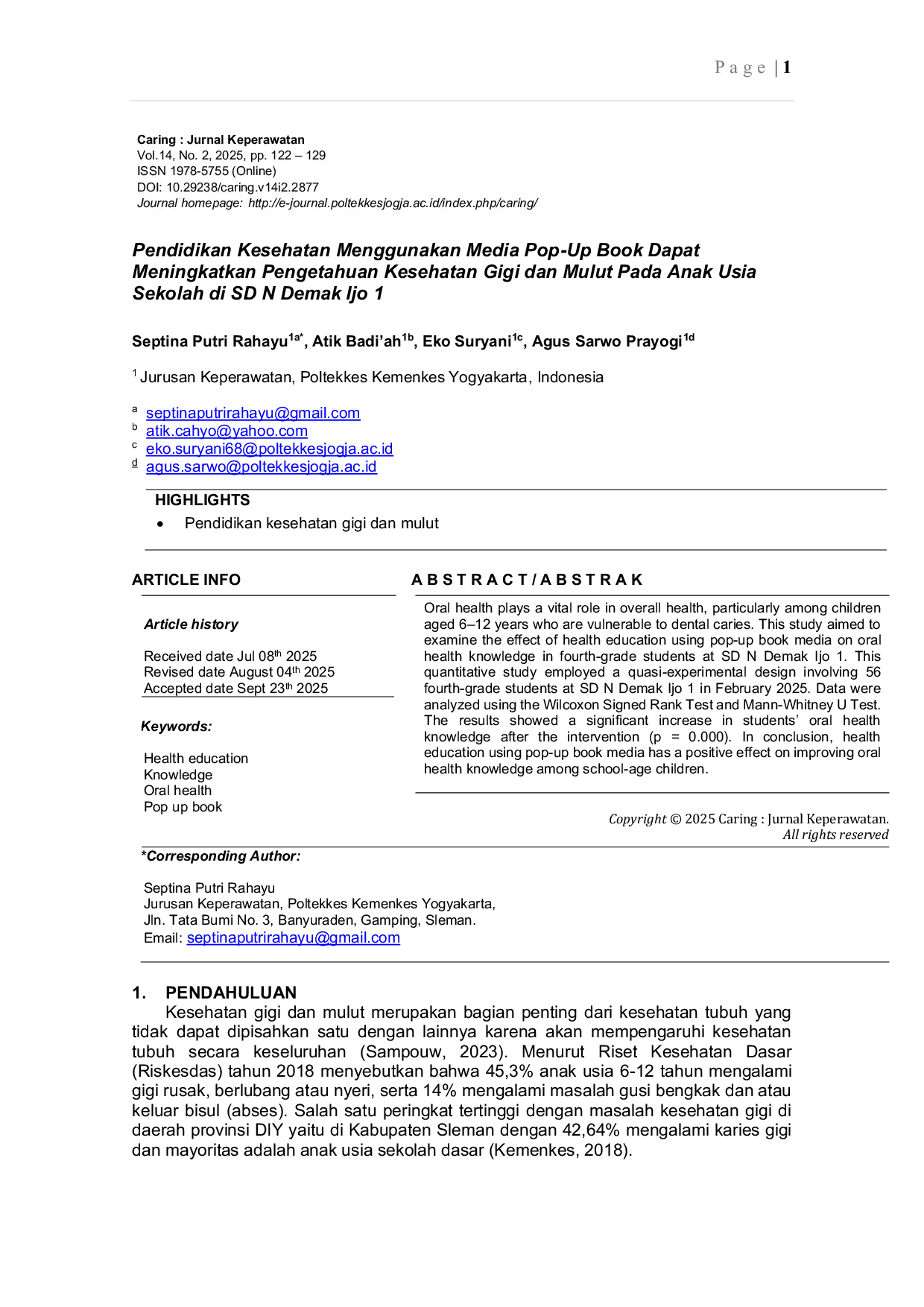 JURIS Pendidikan Kesehatan Menggunakan Media Pop Up Book Dapat Meningkatkan Pengetahuan Kesehatan Gigi dan Mulut Pada Anak Usia Sekolah di SD N Demak Ijo 1