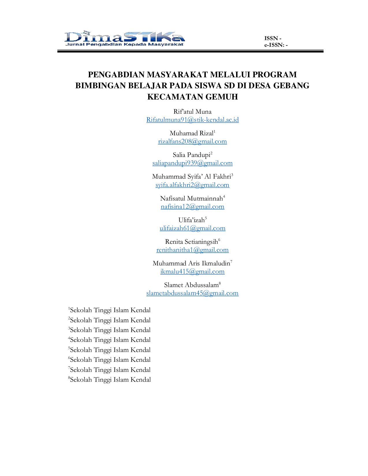 JURIS Pengabdian Masyarakat Melalui Program Bimbingan Belajar Pada Siswa Sd Di Desa Gebang Kecamatan Gemuh