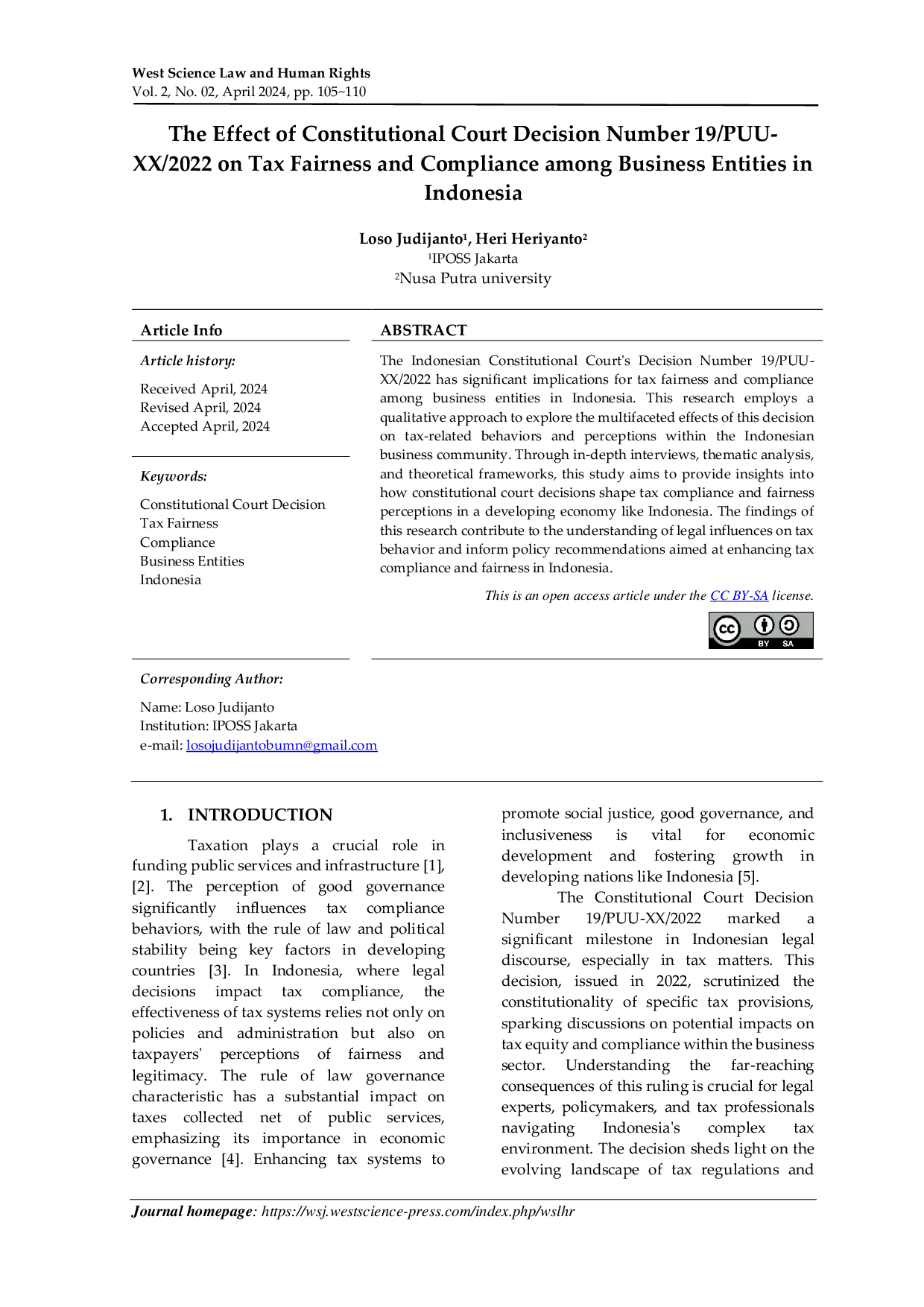 JURIS The Effect of Constitutional Court Decision Number 19 PUU XX 2022 on Tax Fairness and Compliance among Business Entities in Indonesia