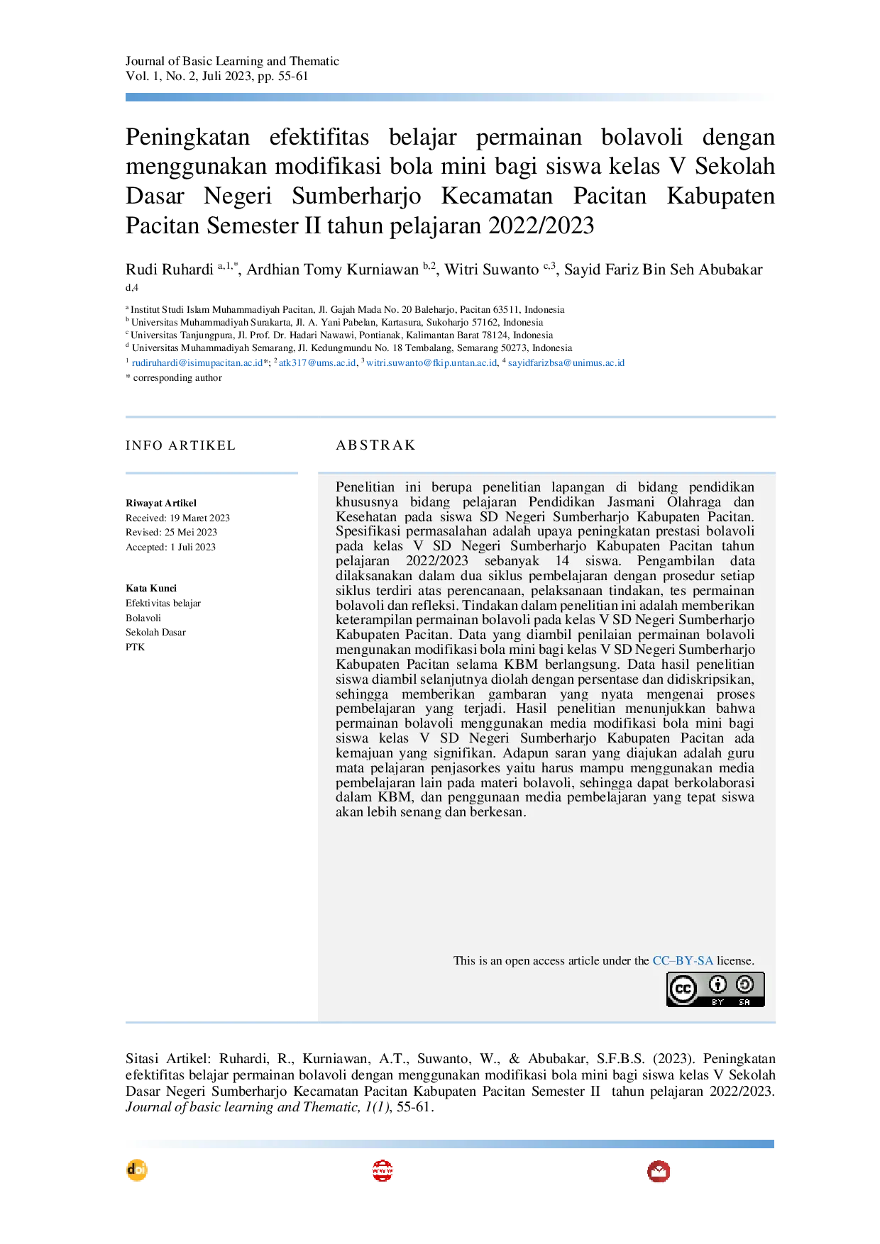 JURIS Peningkatan efektifitas belajar permainan bolavoli dengan menggunakan modifikasi bola mini bagi siswa kelas V Sekolah Dasar Negeri Sumberharjo Kecamatan Pacitan Kabupaten Pacitan Semester II tahun