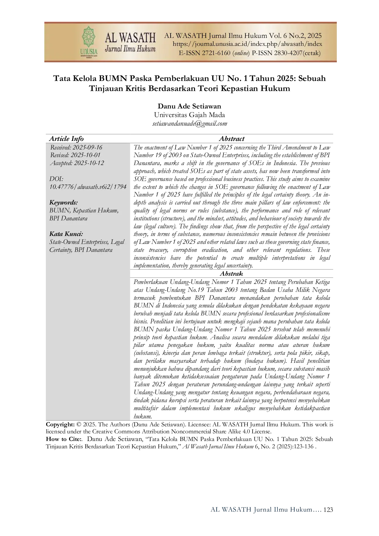 JURIS Tata Kelola BUMN Paska Pemberlakuan UU No 1 Tahun 2025 Sebuah Tinjauan Kritis Berdasarkan Teori Kepastian Hukum