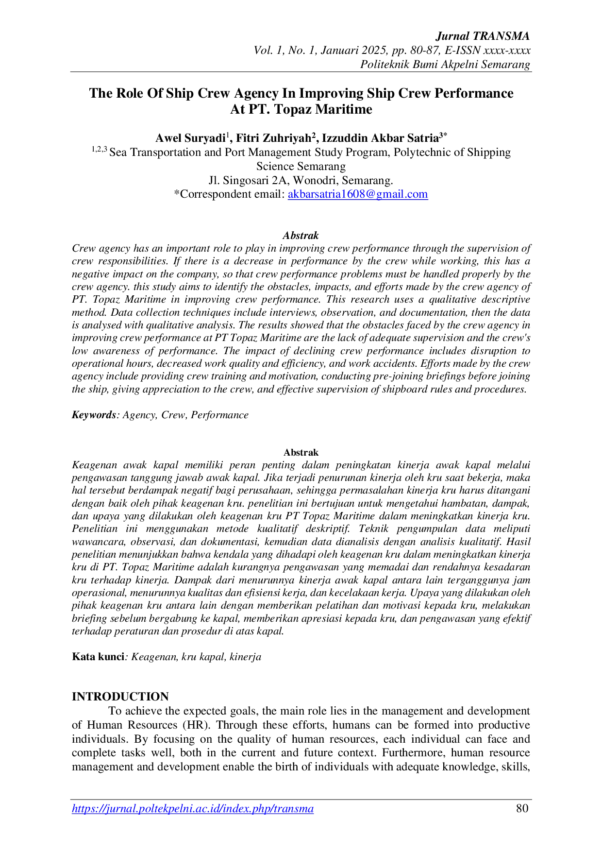 JURIS The Role Of Ship Crew Agency In Improving Ship Crew Performance At PT Topaz Maritime