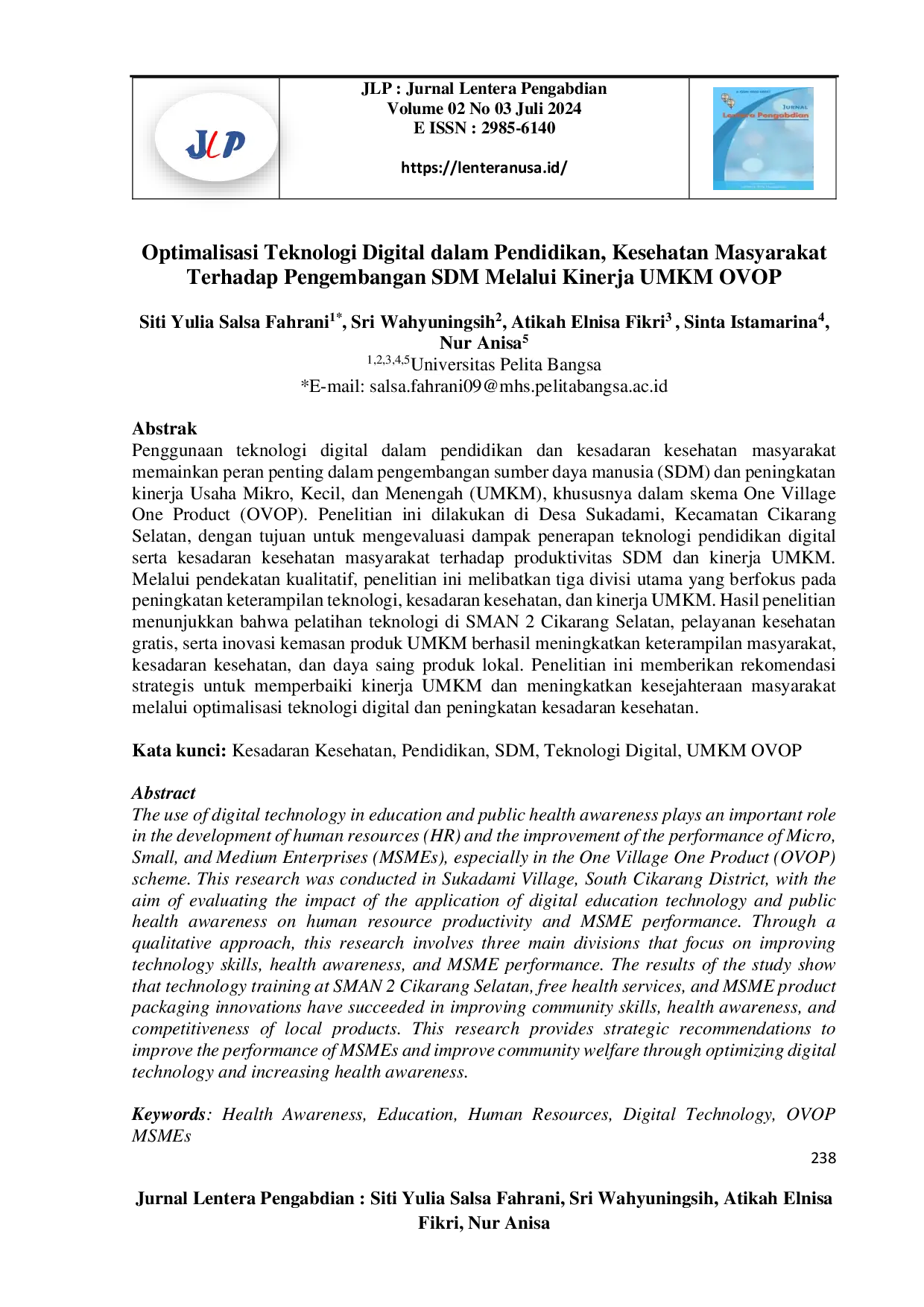 juris Optimalisasi Teknologi Digital Dalam Pendidikan Kesehatan Masyarakat Terhadap Pengembangan SDM Melalui Kinerja UMKM OVOP
