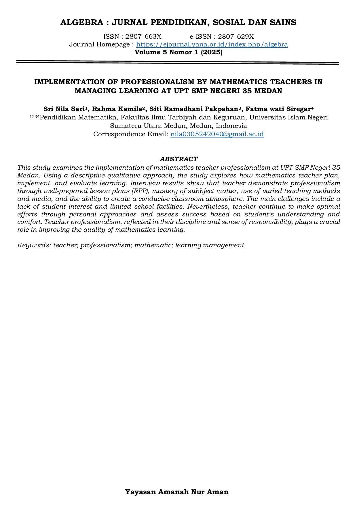 JURIS Implementation Of Professionalism By Mathematics Teachers In Managing Learning At Upt Smp Negeri 35 Medan
