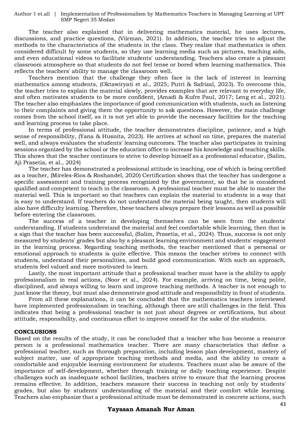 JURIS Implementation Of Professionalism By Mathematics Teachers In Managing Learning At Upt Smp Negeri 35 Medan