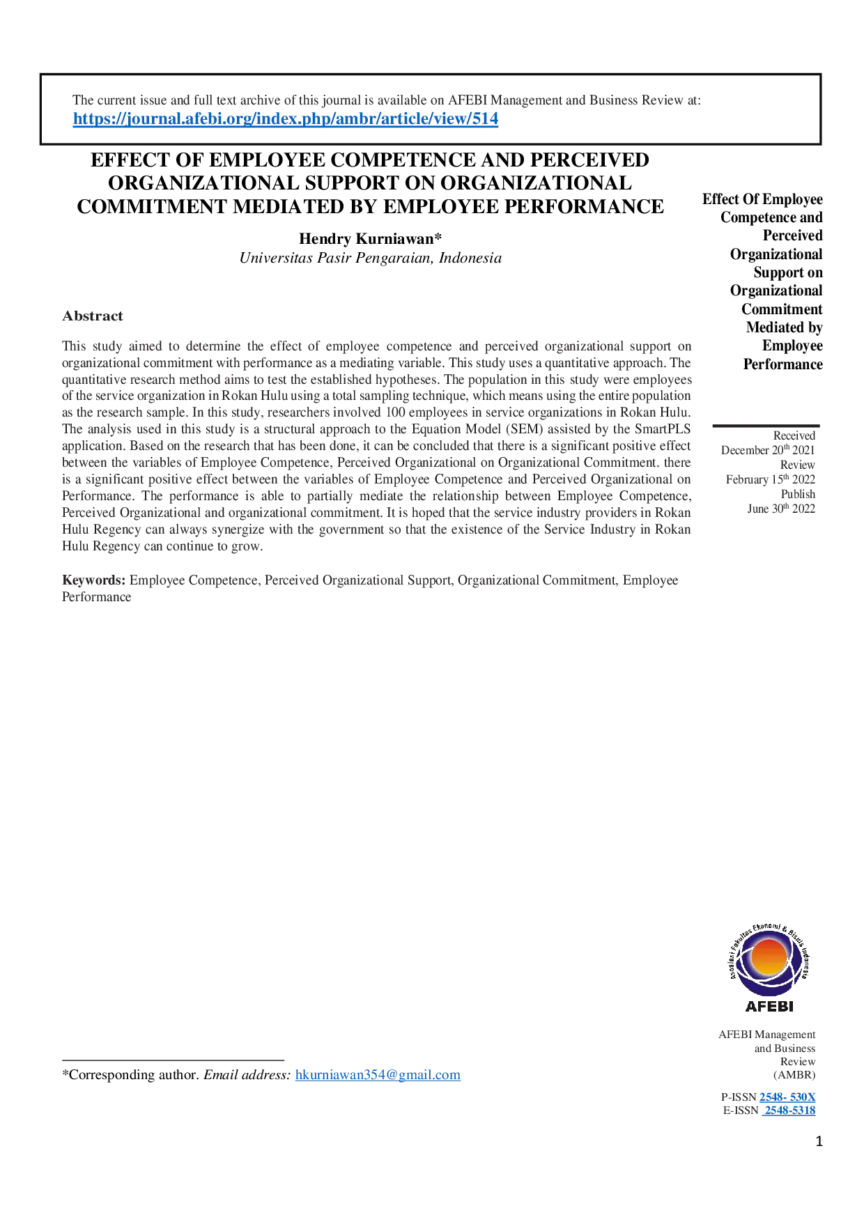 juris Effect of Employee Competence and Perceived Organizational Support on Organizational Commitment Mediated by Employee Performance