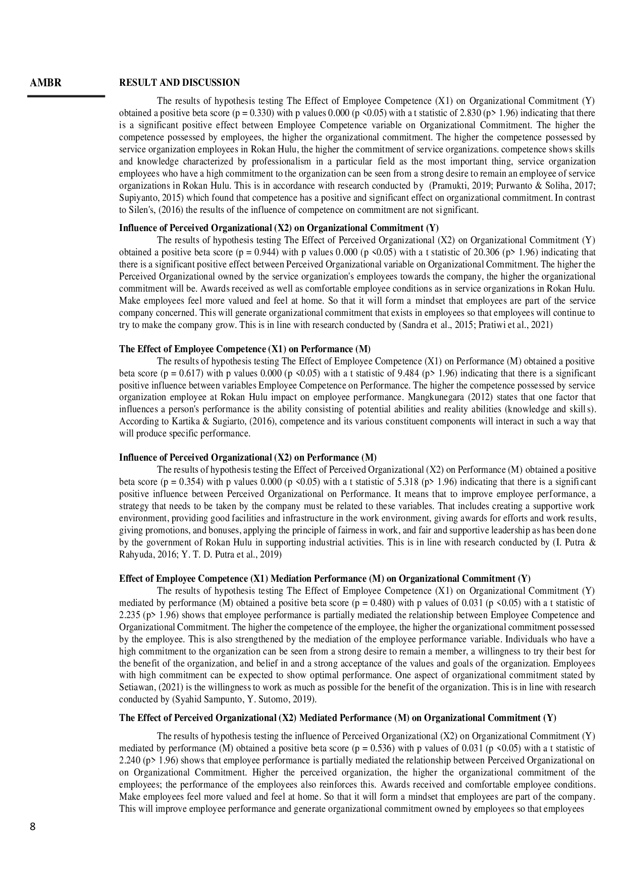 juris Effect of Employee Competence and Perceived Organizational Support on Organizational Commitment Mediated by Employee Performance