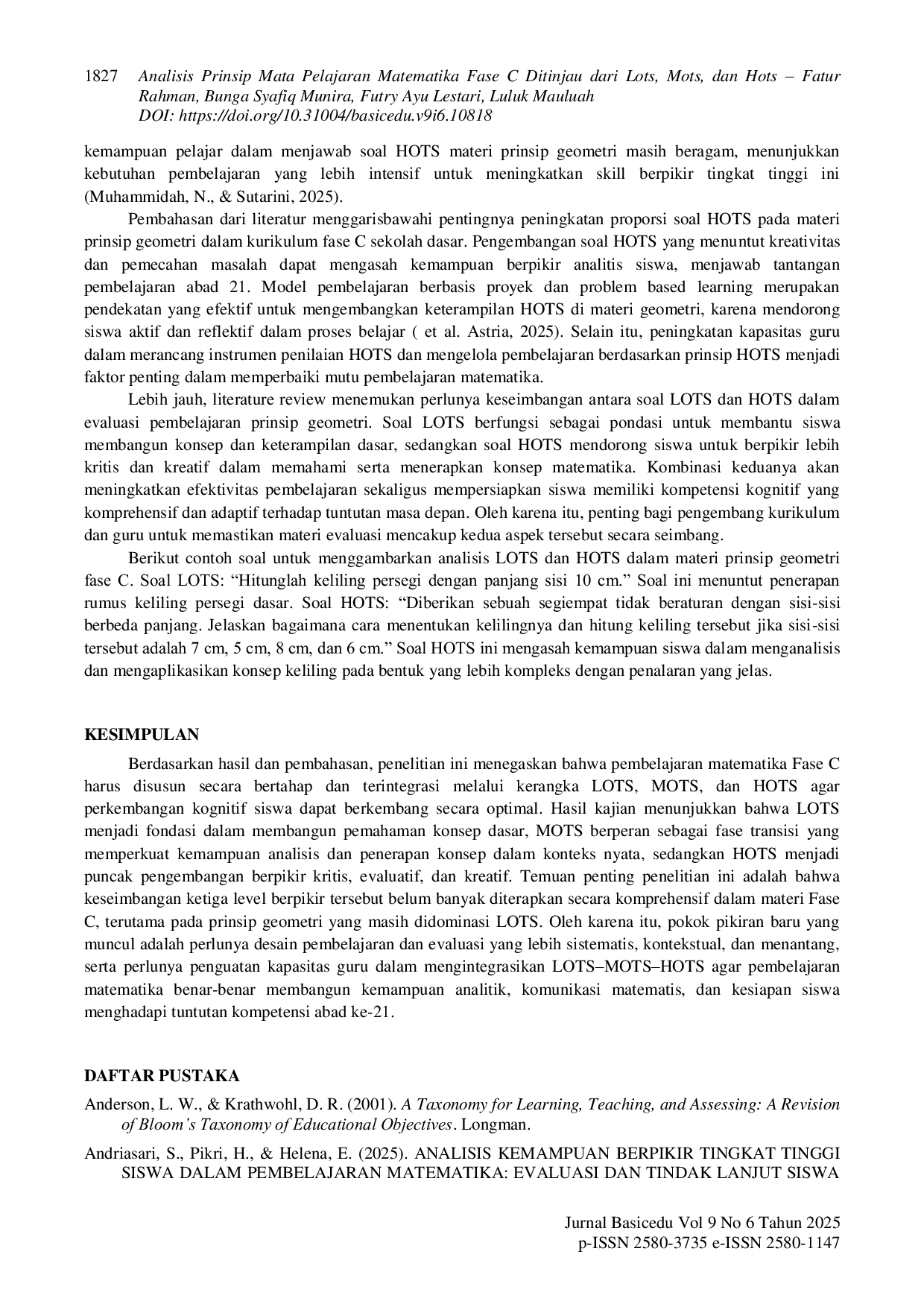 JURIS Analisis Prinsip Mata Pelajaran Matematika Fase C Ditinjau dari Lots Mots dan Hots