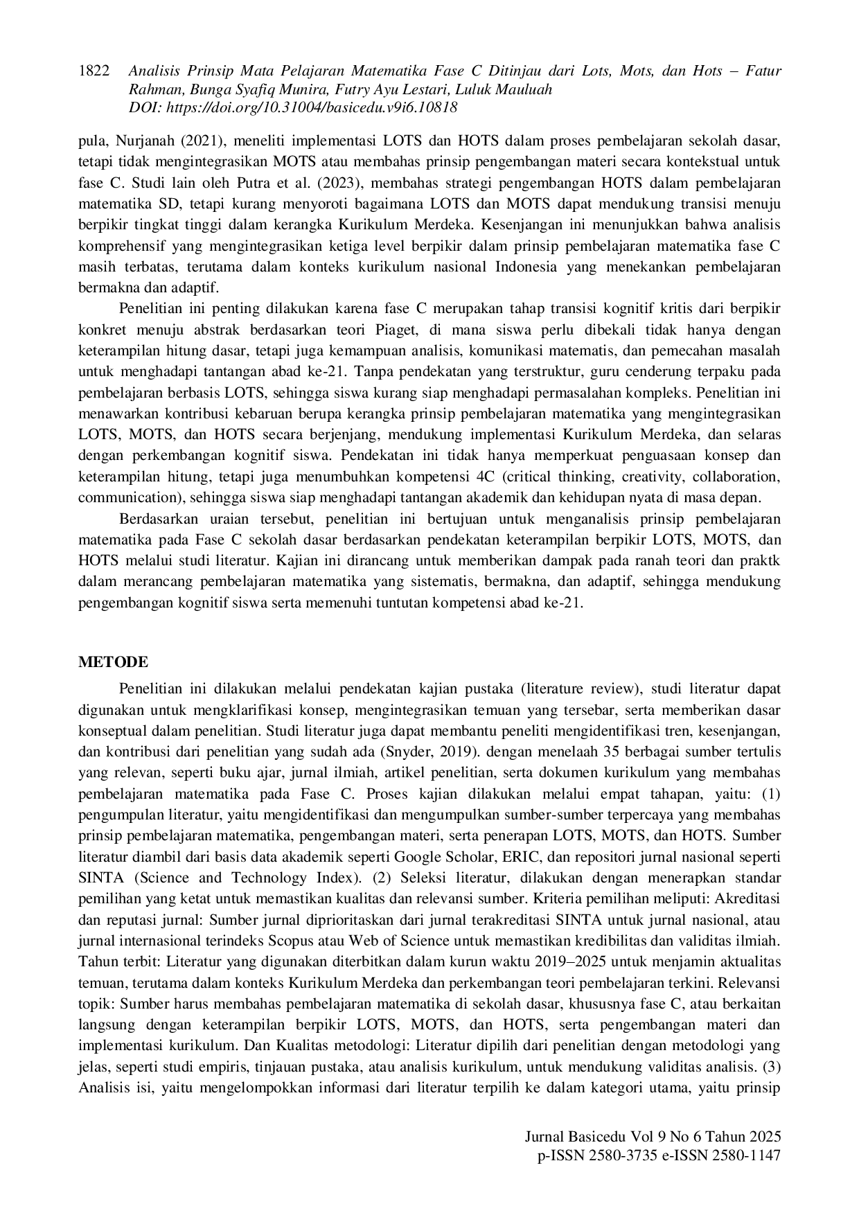 JURIS Analisis Prinsip Mata Pelajaran Matematika Fase C Ditinjau dari Lots Mots dan Hots