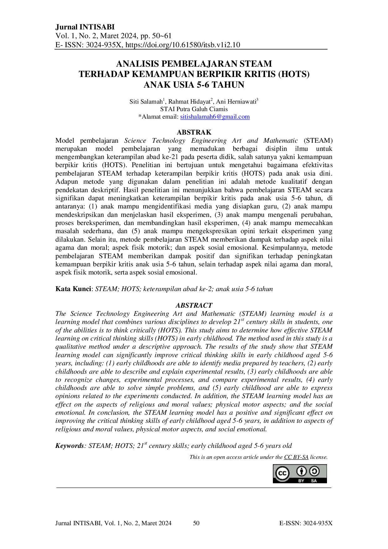 JURIS Analisis Pembelajaran STEAM terhadap Kemampuan Berpikir Kritis HOTS Anak Usia 5 6 Tahun