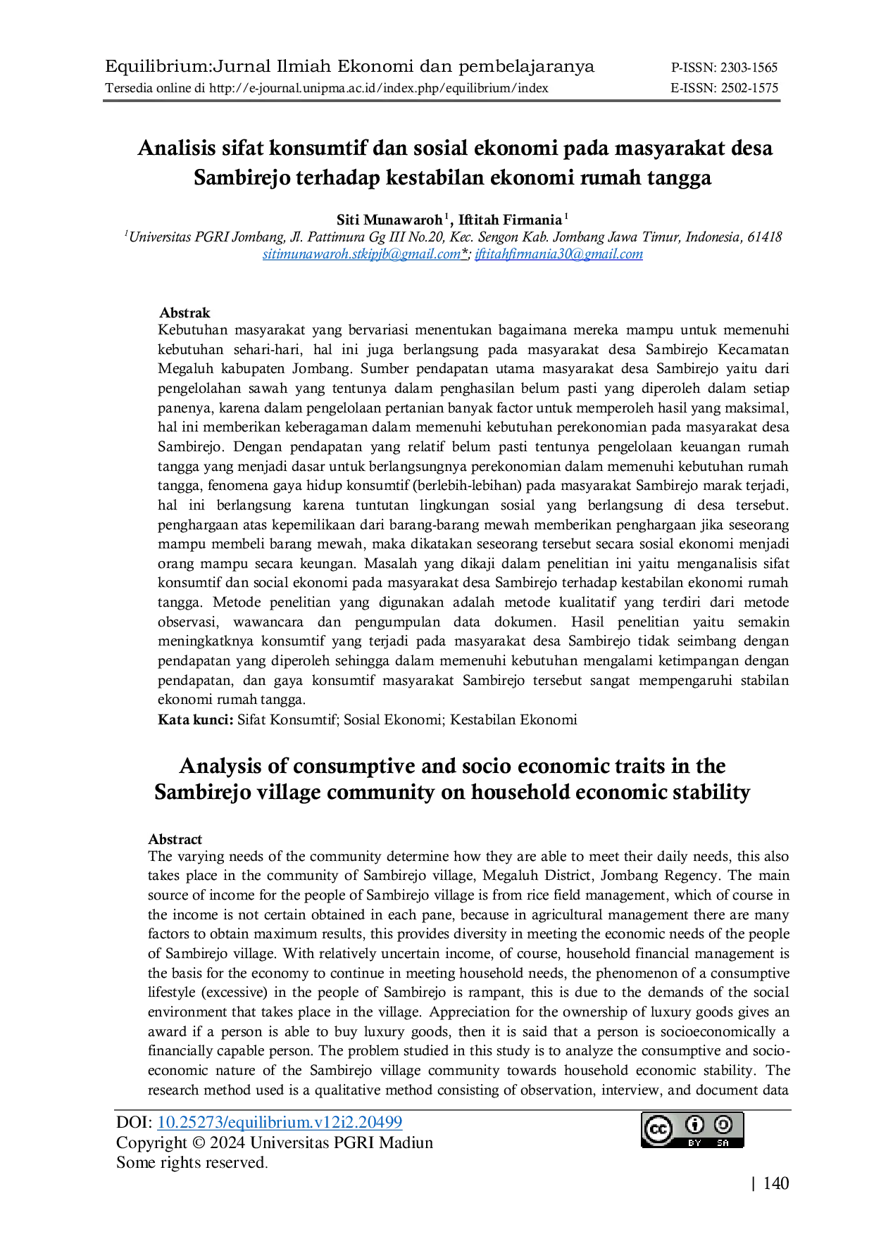 JURIS Analisis sifat konsumtif dan sosial ekonomi pada masyarakat desa Sambirejo terhadap kestabilan ekonomi rumah tangga