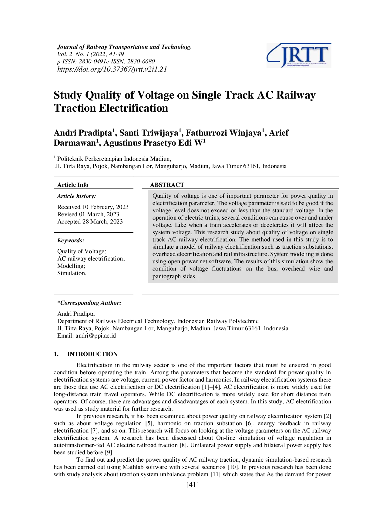 JURIS Study Quality of Voltage on Single Track AC Railway Traction Electrification