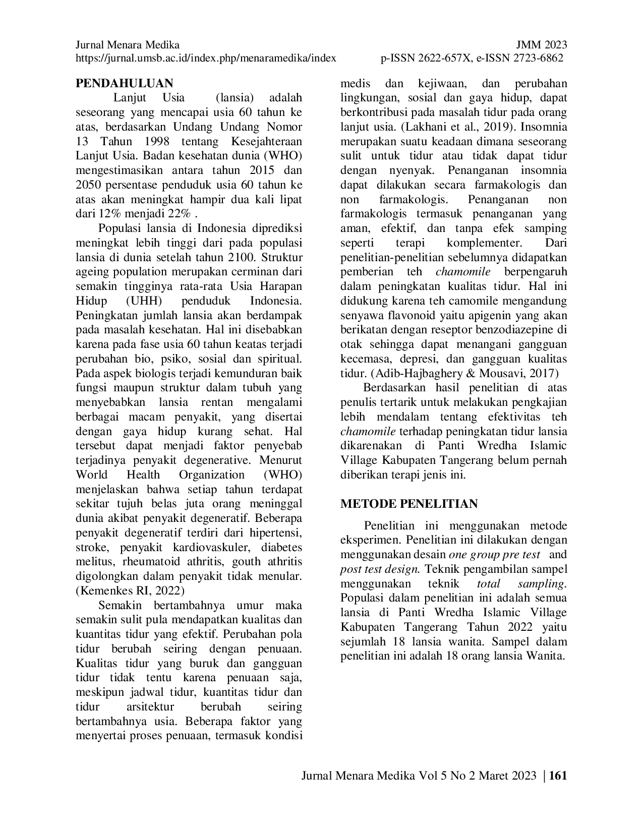 JURIS Efektivitas Pemberian Teh Chamomile Terhadap Peningkatan Kualitas Tidur Lansia
