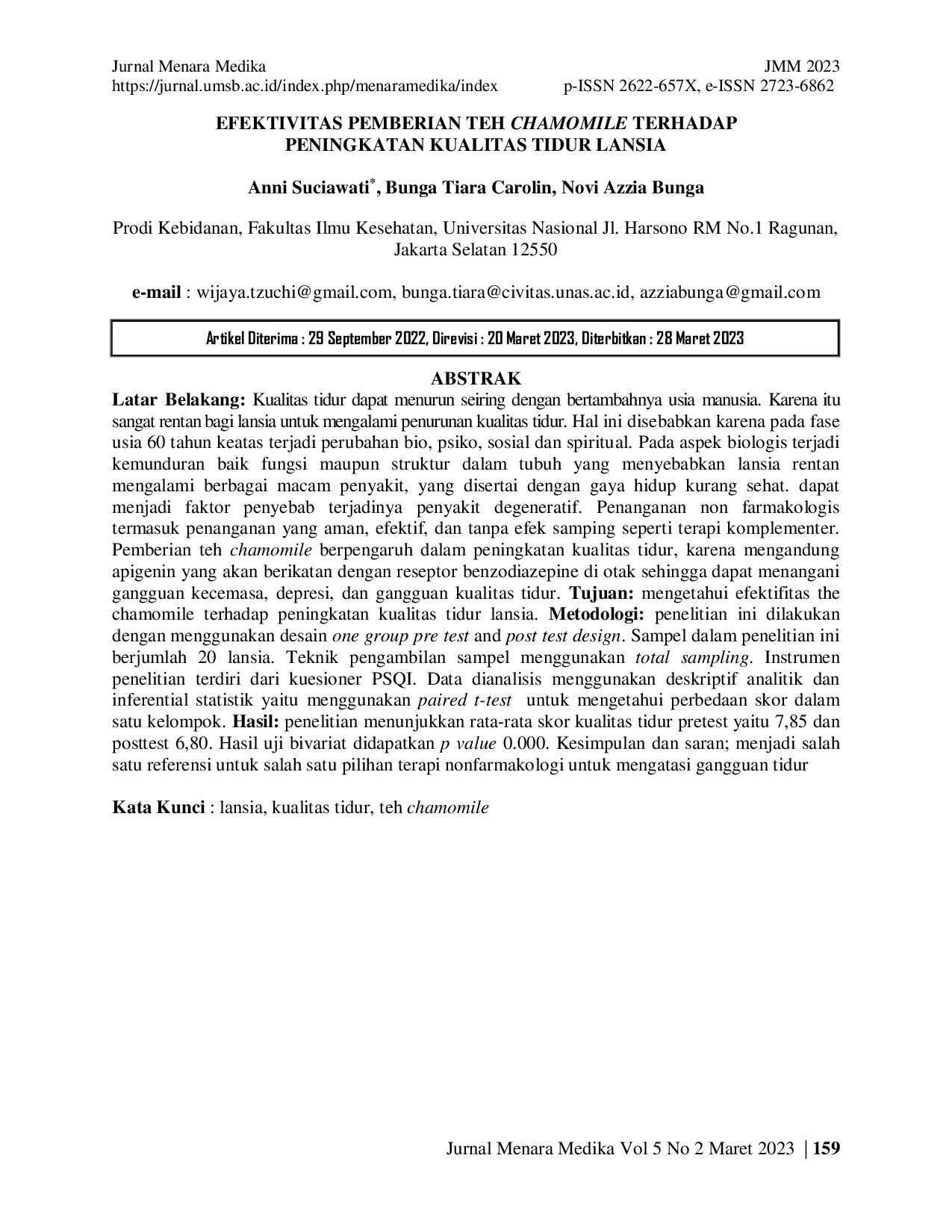 JURIS Efektivitas Pemberian Teh Chamomile Terhadap Peningkatan Kualitas Tidur Lansia