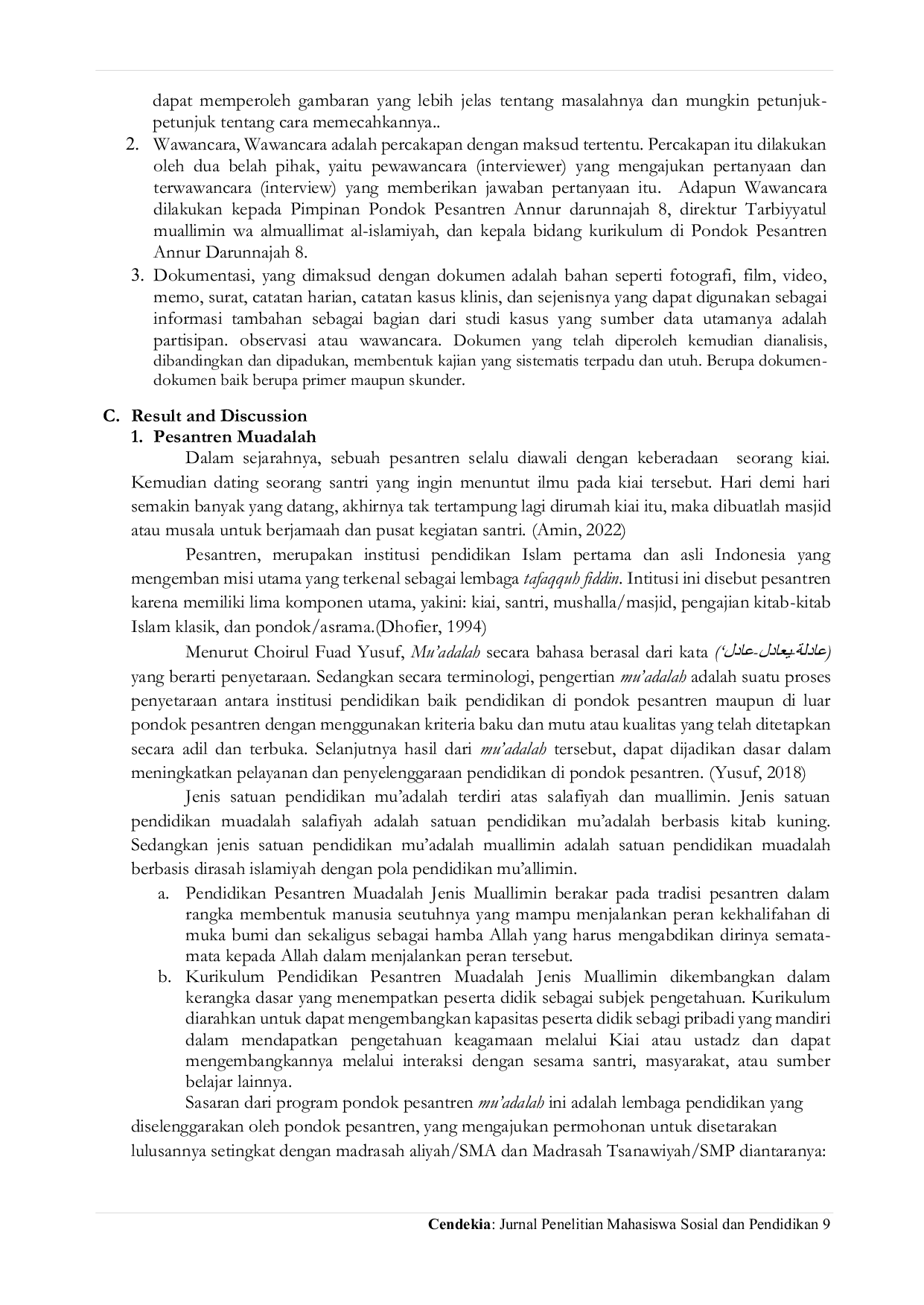 JURIS Penerapan Kurikulum Muadalah Dalam Peningkatan Kualitas Santri Di Pondok Pesantren Annur Darunnajah 8 Bogor