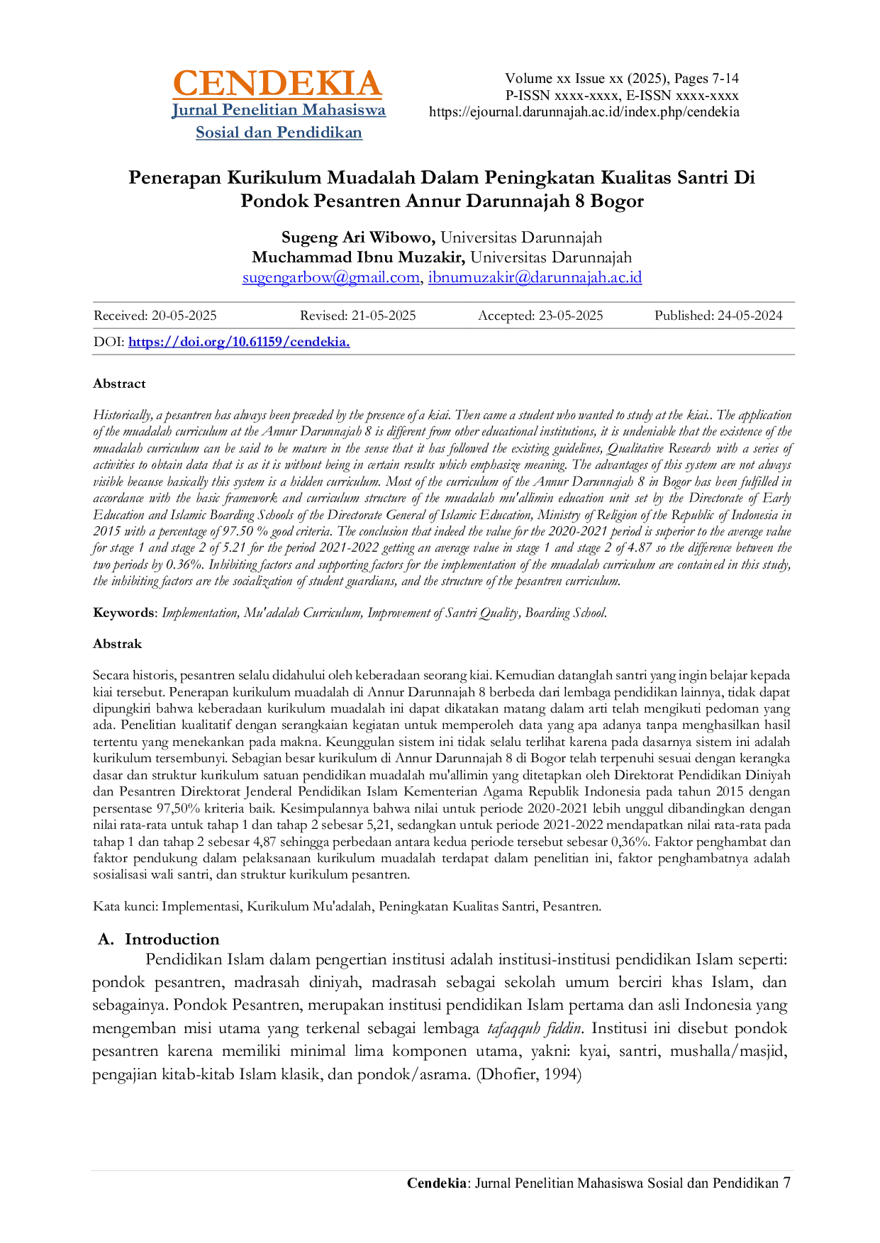 JURIS Penerapan Kurikulum Muadalah Dalam Peningkatan Kualitas Santri Di Pondok Pesantren Annur Darunnajah 8 Bogor