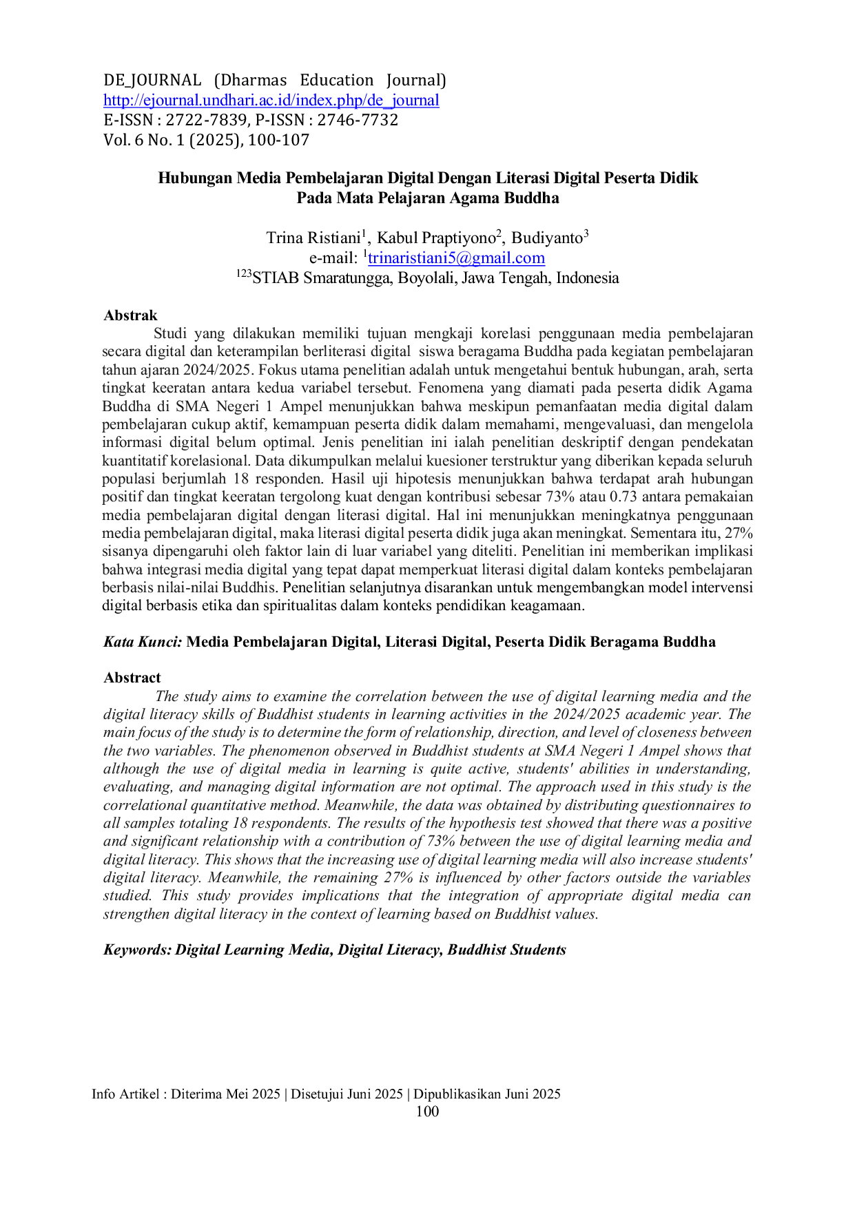 JURIS Hubungan Media Pembelajaran Digital Dengan Literasi Digital Peserta Didik Pada Mata Pelajaran Agama Buddha