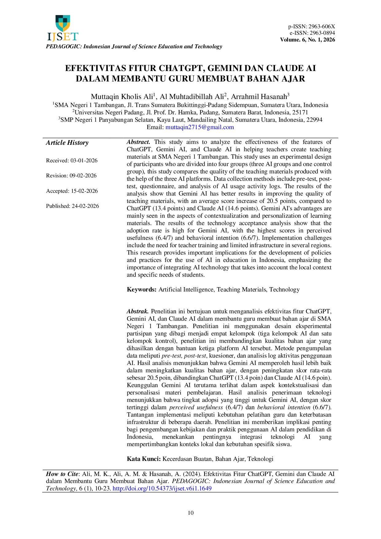 JURIS Efektivitas Fitur ChatGPT Gemini dan Claude AI dalam Membantu Guru Membuat Bahan Ajar