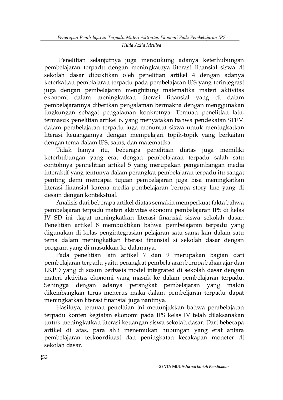 JURIS Penerapan Pembelajaran Terpadu Materi Aktivitas Ekonomi Pada Pembelajaran IPS Untuk Meningkatkan Literasi Finansial Di Sekolah Dasar