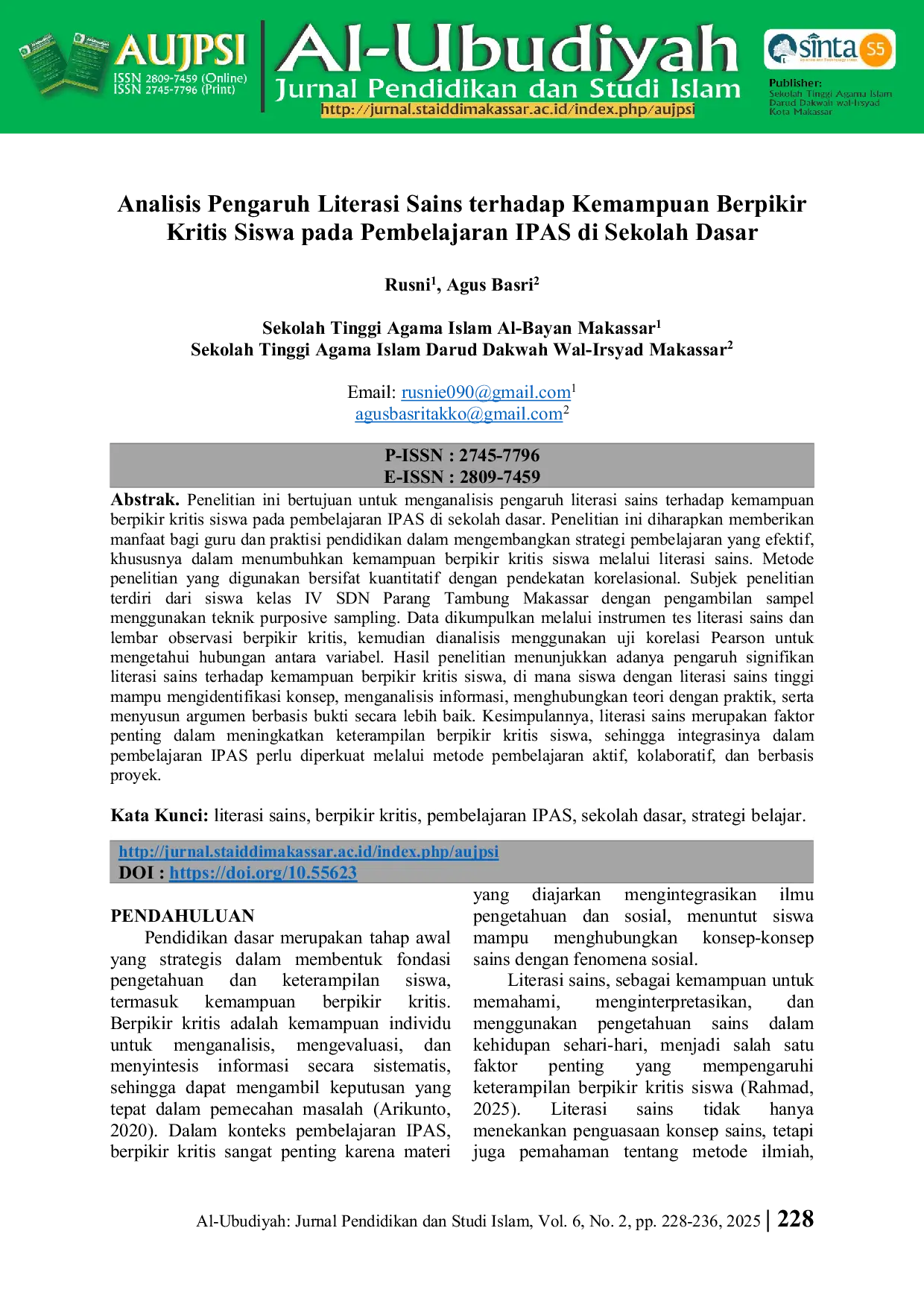 JURIS Analisis Pengaruh Literasi Sains terhadap Kemampuan Berpikir Kritis Siswa pada Pembelajaran IPAS di Sekolah Dasar