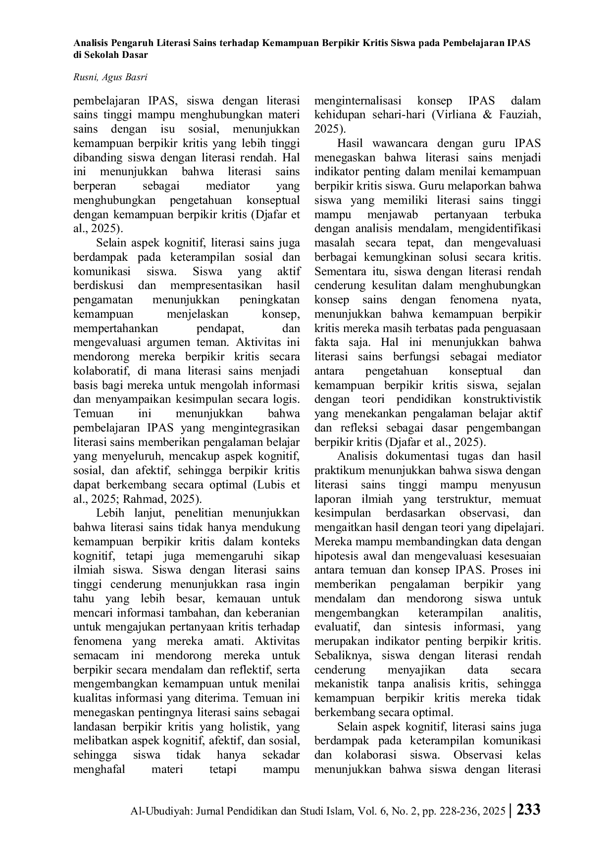 JURIS Analisis Pengaruh Literasi Sains terhadap Kemampuan Berpikir Kritis Siswa pada Pembelajaran IPAS di Sekolah Dasar