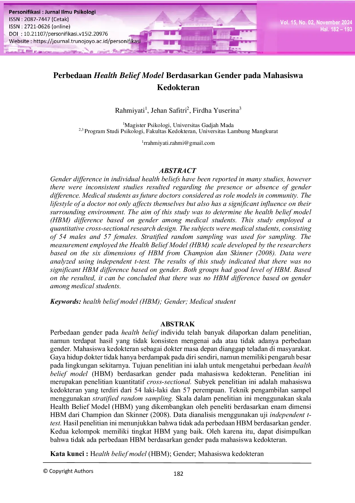 JURIS Perbedaan Health Belief Model Berdasarkan Gender pada Mahasiswa Kedokteran