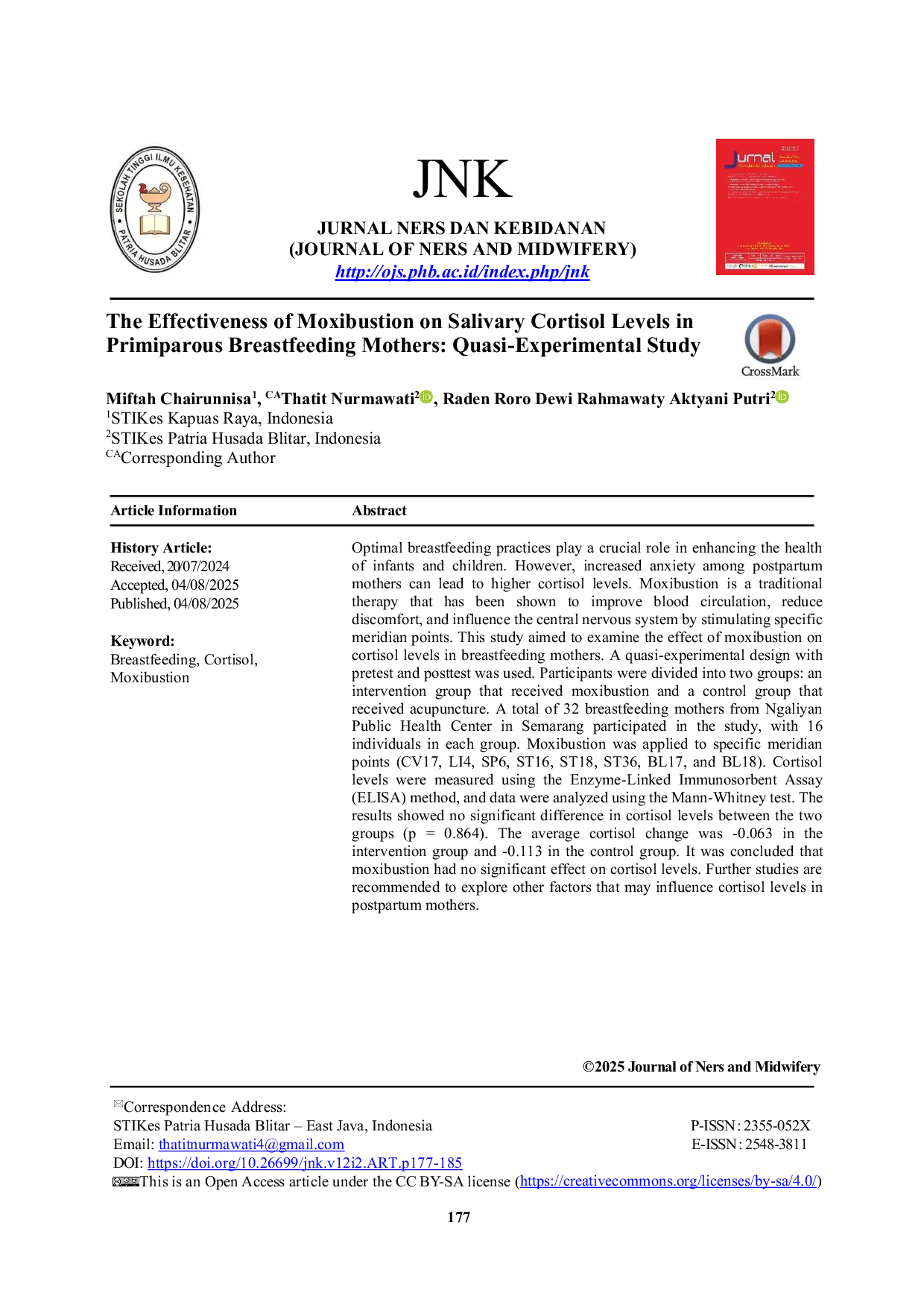 JURIS The Effectiveness of Moxibustion on Salivary Cortisol Levels in Primiparous Breastfeeding Mothers Quasi Experimental Study