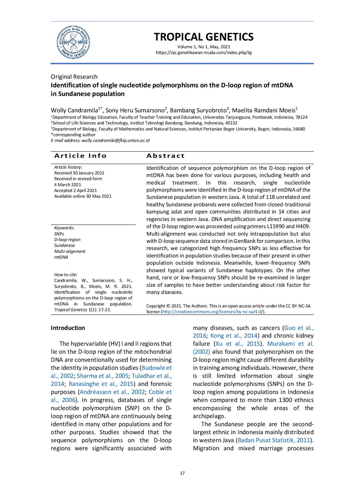 JURIS Identification of single nucleotide polymorphisms on the D loop region of mtDNA in Sundanese population