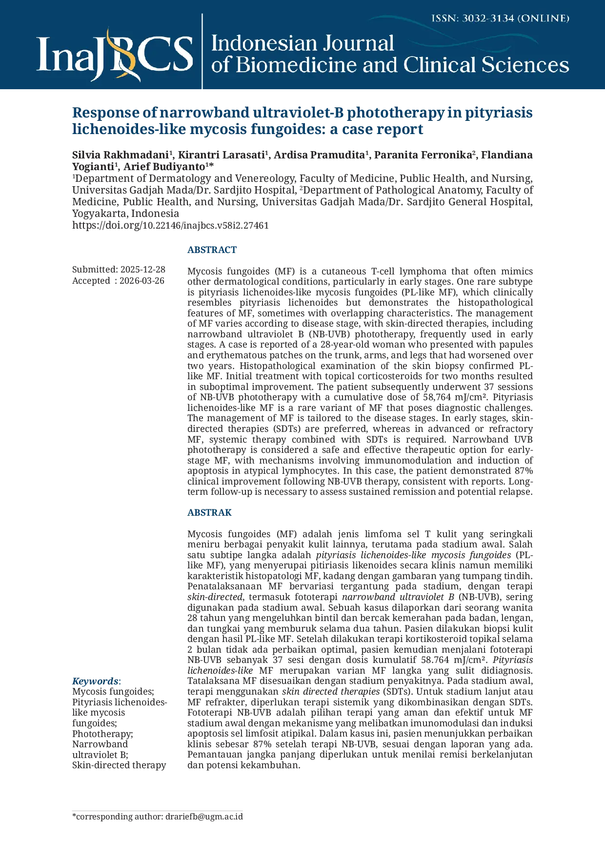 JURIS Response of narrowband ultraviolet B phototherapy in pityriasis lichenoides like mycosis fungoides a case report
