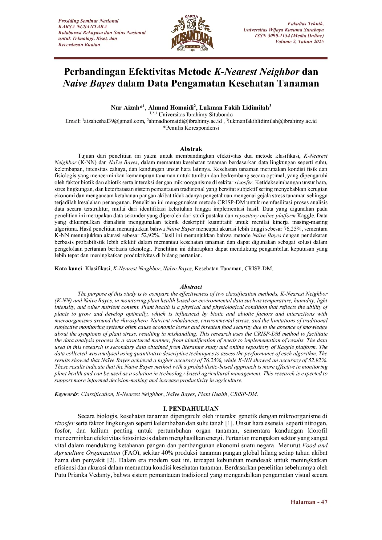 JURIS Perbandingan Efektivitas Metode K Nearest Neighbor dan Naive Bayes dalam Data Pengamatan Kesehatan Tanaman