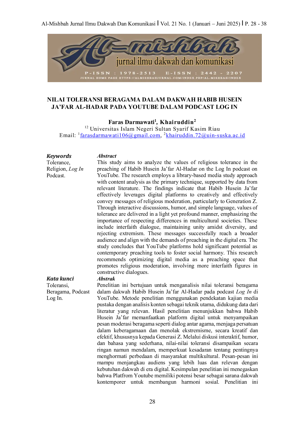 JURIS Nilai Toleransi Beragama Dalam Dakwah Habib Husein Ja far Al Hadar Pada YouTube Dalam Podcast Log In