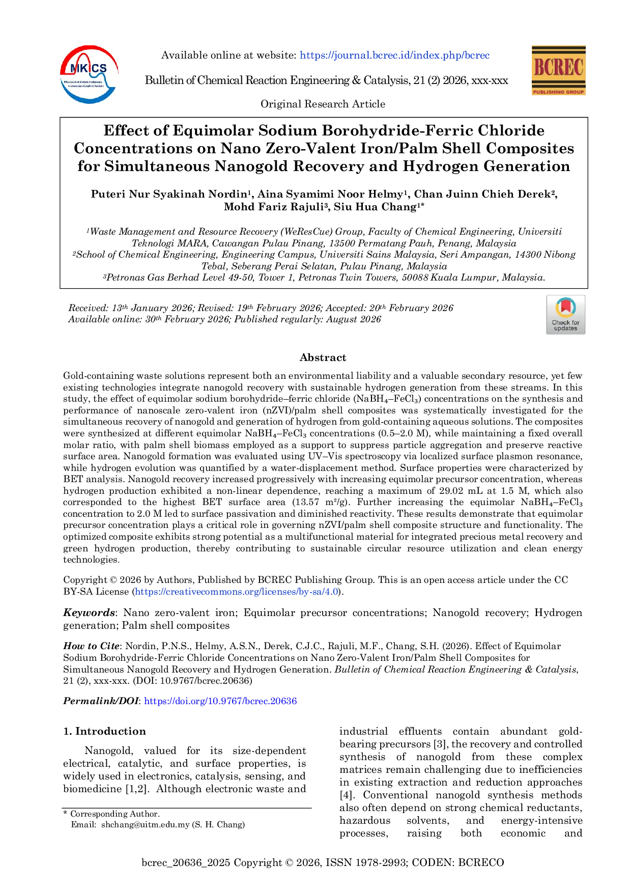 JURIS Effect of Equimolar Sodium Borohydride Ferric Chloride Concentrations on Nano Zero Valent Iron Palm Shell Composites for Simultaneous Nanogold Recovery and Hydrogen Generation
