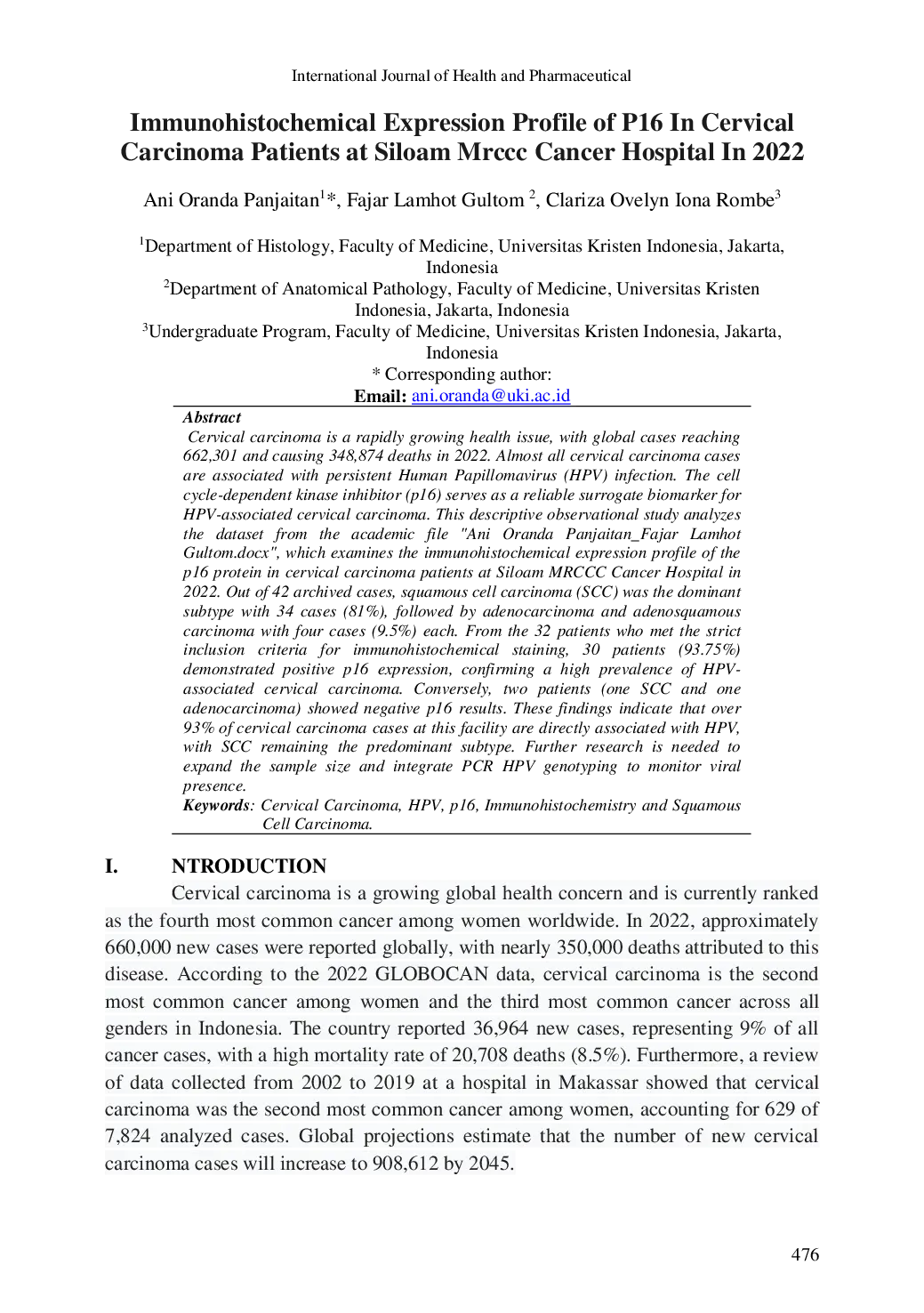 JURIS Immunohistochemical Expression Profile of P16 in Cervical Carcinoma Patients at Siloam MRCCC Cancer Hospital in 2022