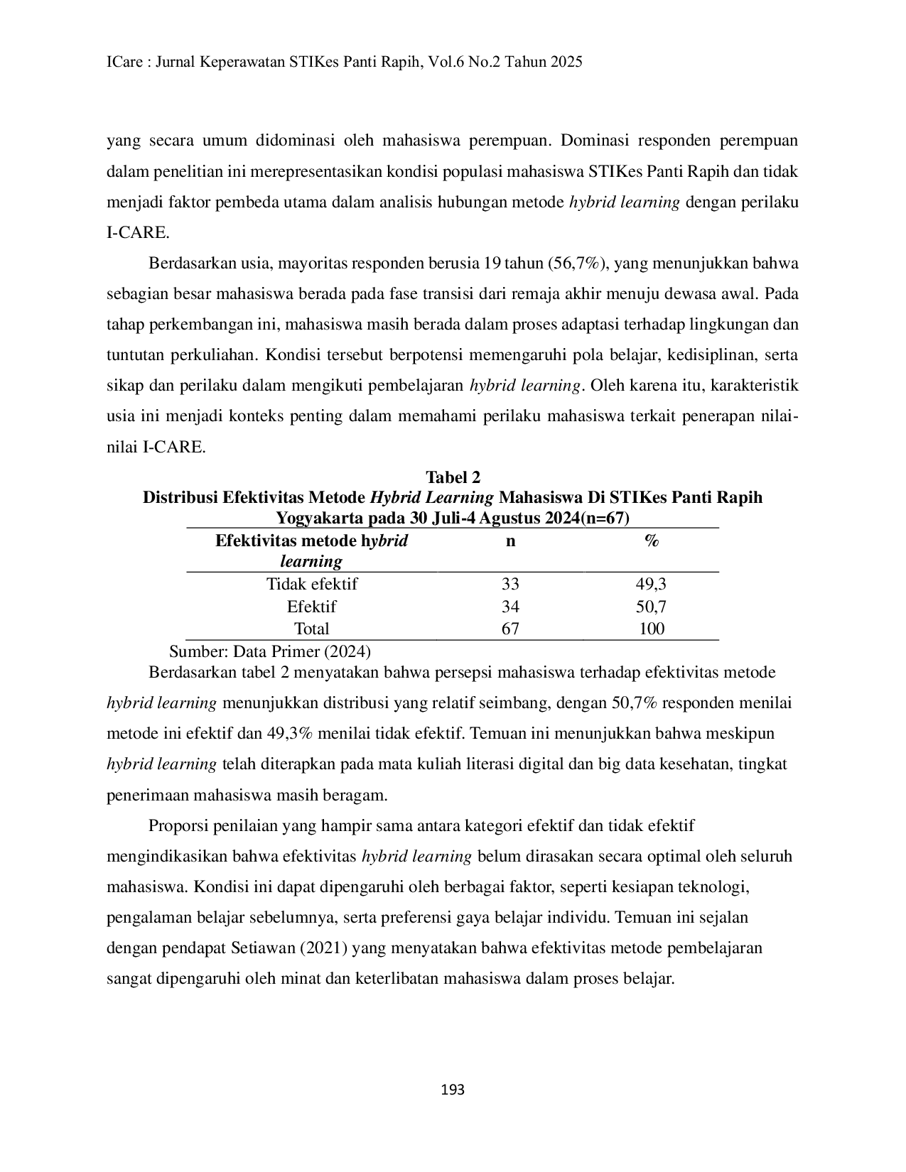 JURIS Hubungan Efektivitas Metode Hybrid Learning dengan Perilaku I Care Mahasiswa STIKes Panti Rapih Yogyakarta