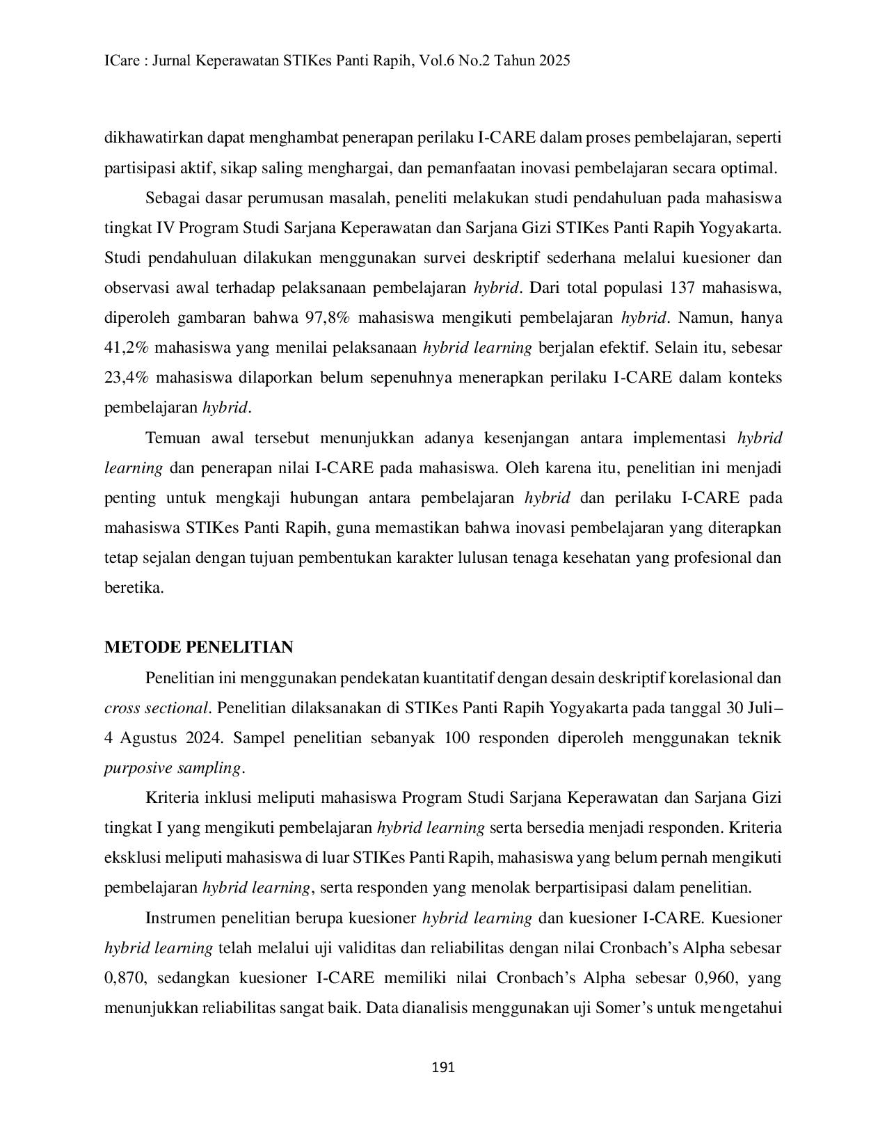 JURIS Hubungan Efektivitas Metode Hybrid Learning dengan Perilaku I Care Mahasiswa STIKes Panti Rapih Yogyakarta