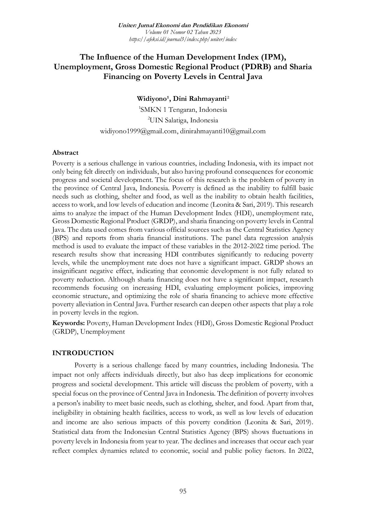 JURIS The Influence of the Human Development Index IPM Unemployment Gross Domestic Regional Product PDRB and Sharia Financing on Poverty Levels in Central Java