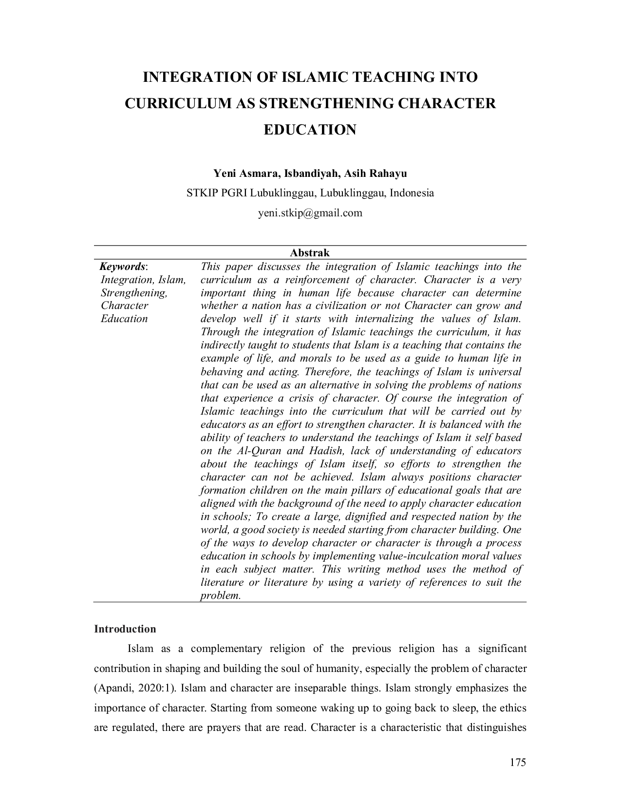 JURIS INTEGRATION OF ISLAMIC TEACHING INTO CURRICULUM AS STRENGTHENING CHARACTER EDUCATION