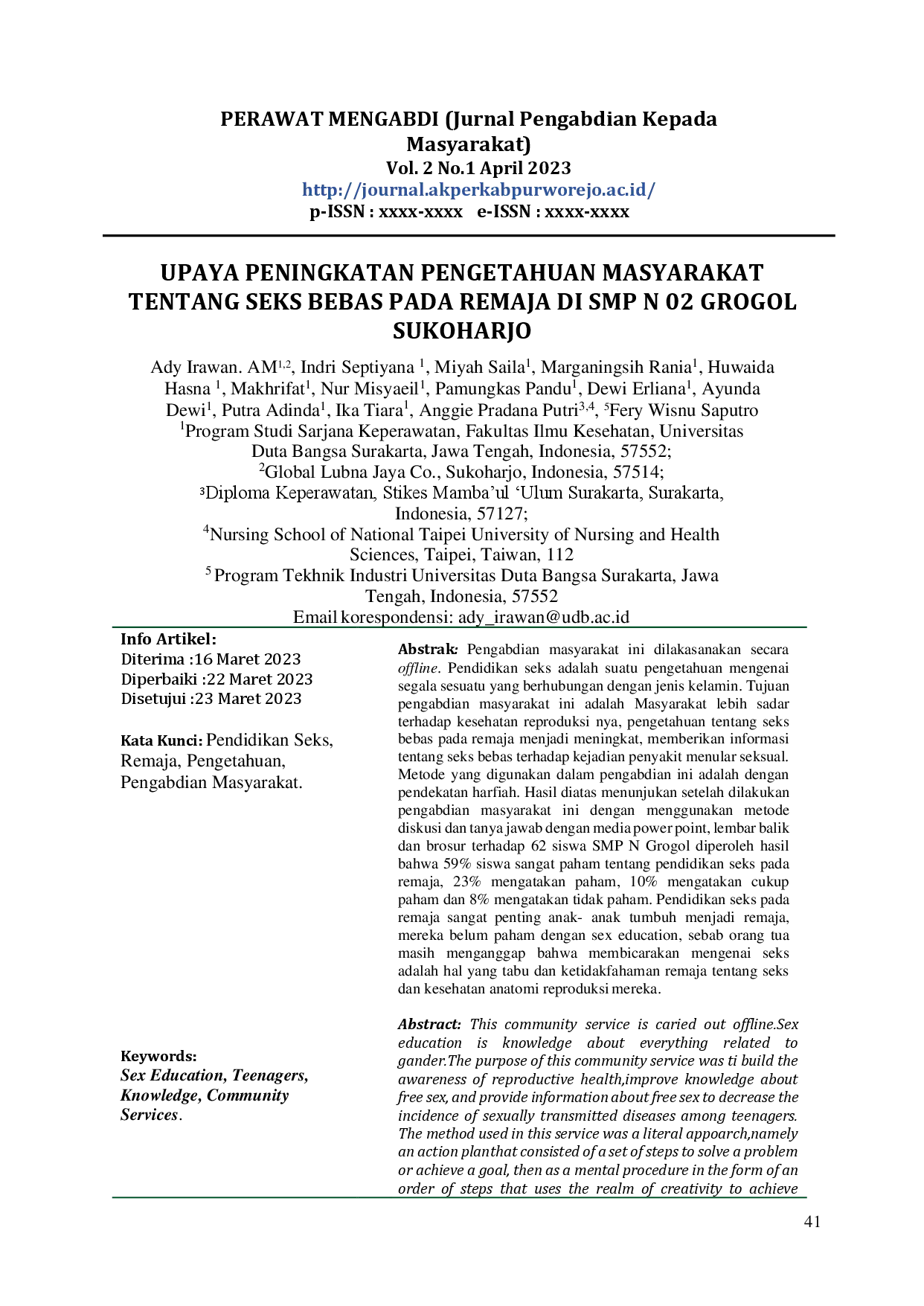 juris Upaya Peningkatan Pengetahuan Masyarakat Tentang Seks Bebas Pada Remaja Di SMP N 02 Grogol Sukoharjo