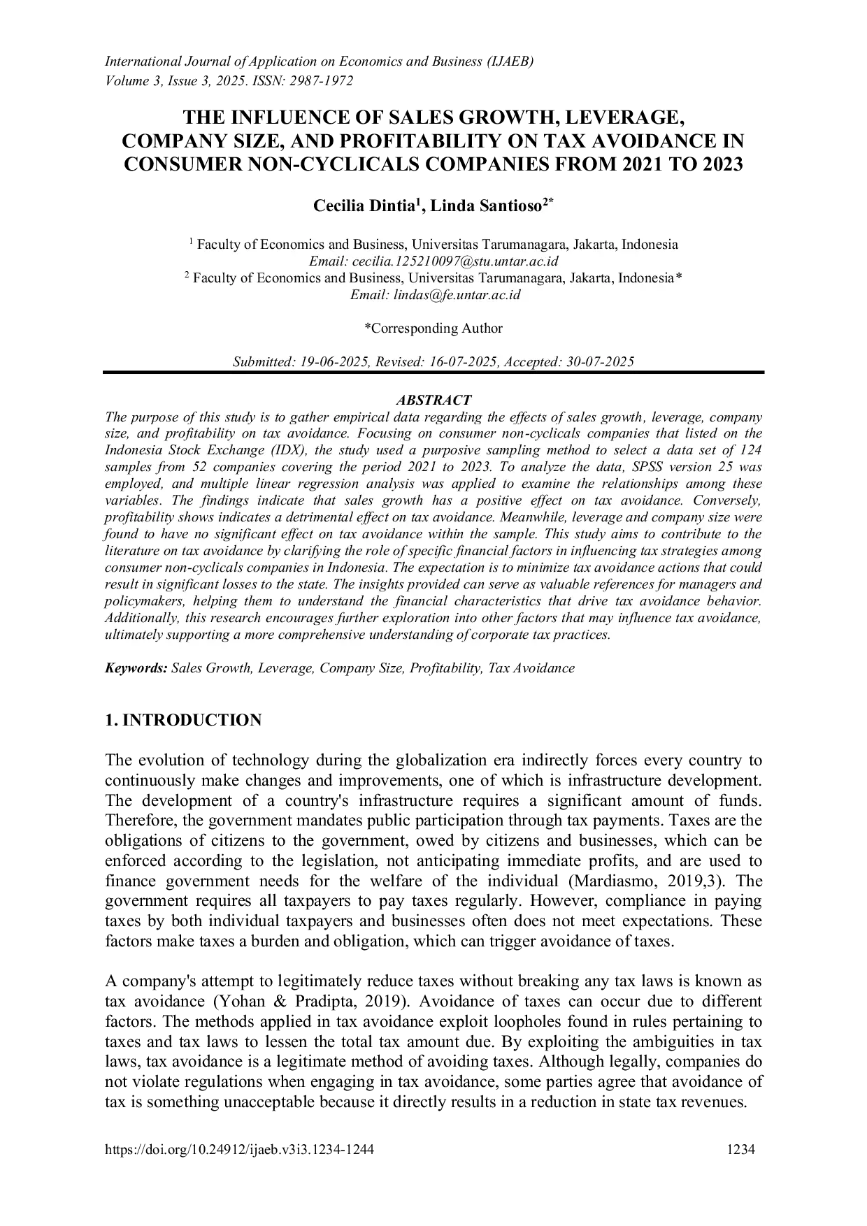 JURIS THE INFLUENCE OF SALES GROWTH LEVERAGE COMPANY SIZE AND PROFITABILITY ON TAX AVOIDANCE IN CONSUMER NON CYCLICALS COMPANIES FROM 2021 TO 2023