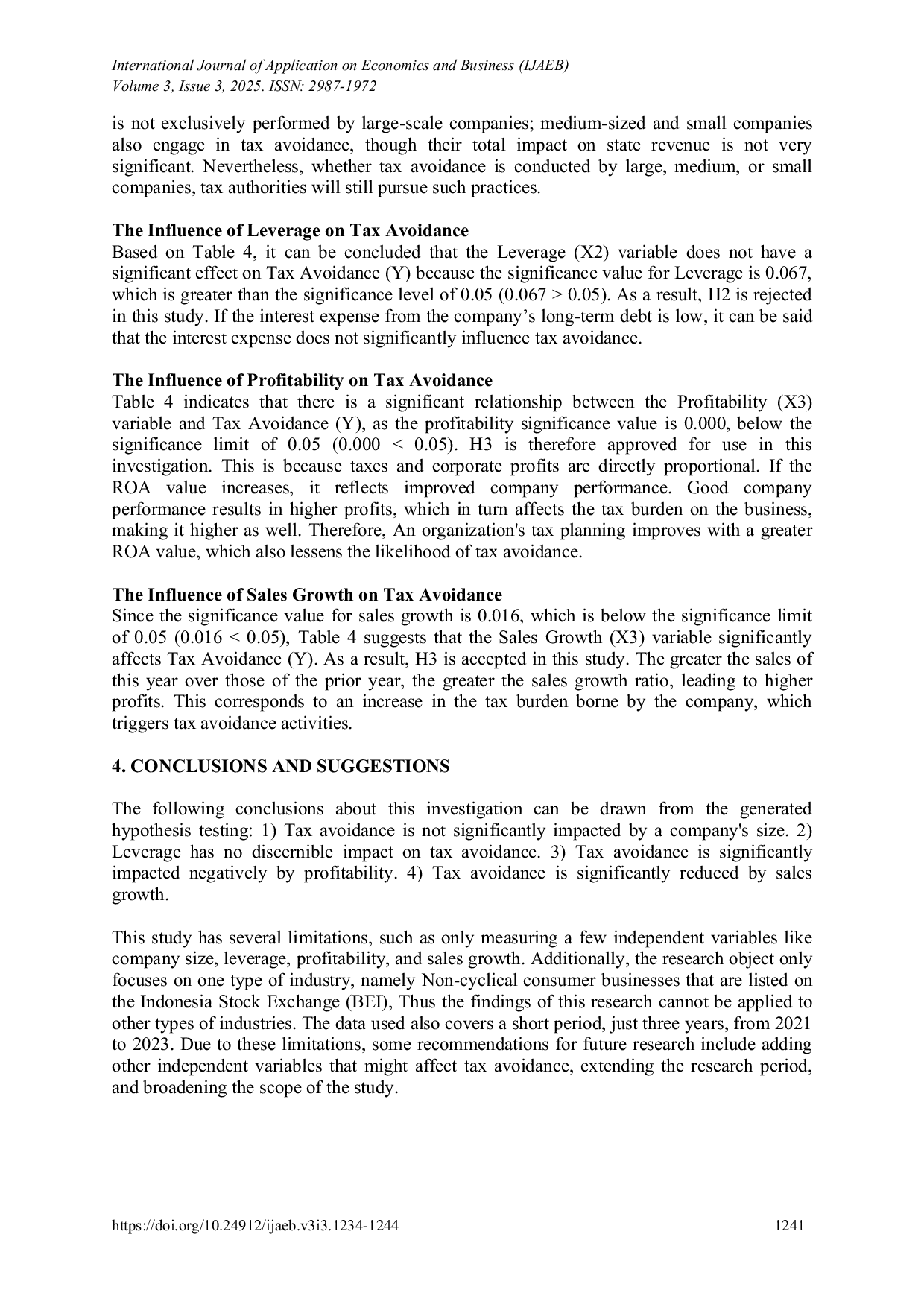 JURIS THE INFLUENCE OF SALES GROWTH LEVERAGE COMPANY SIZE AND PROFITABILITY ON TAX AVOIDANCE IN CONSUMER NON CYCLICALS COMPANIES FROM 2021 TO 2023