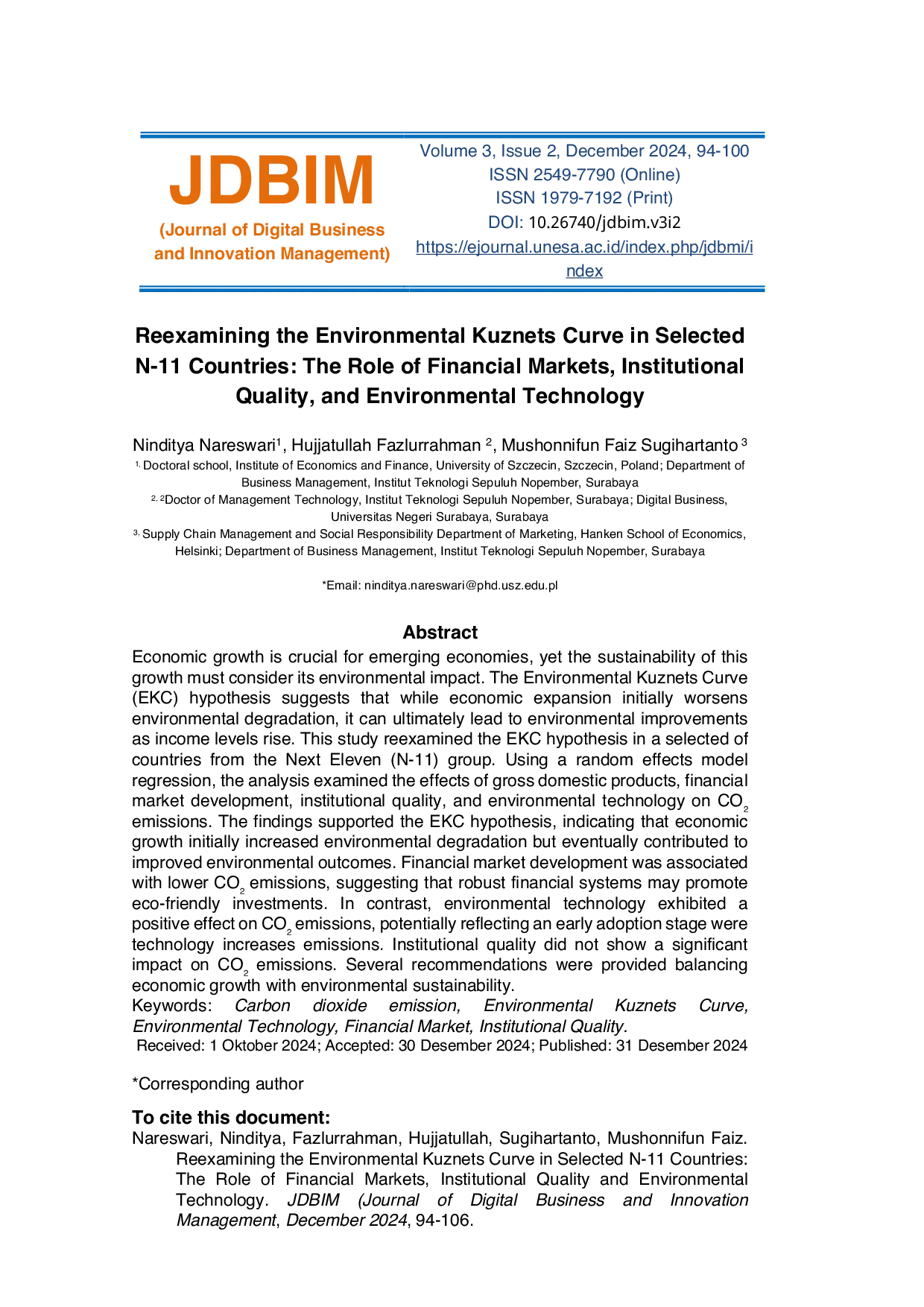 JURIS Reexamining the Environmental Kuznets Curve in Selected N 11 Countries The Role of Financial Markets Institutional Quality and Environmental Technology