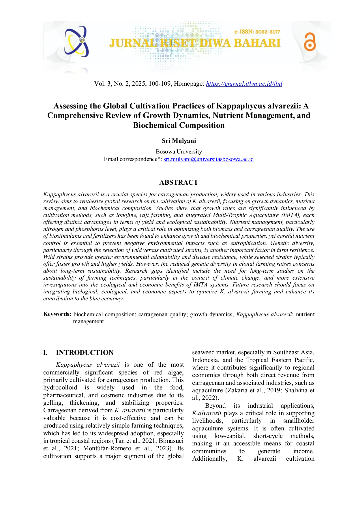 JURIS Assessing the Global Cultivation Practices of Kappaphycus alvarezii A Comprehensive Review of Growth Dynamics Nutrient Management and Biochemical Composition