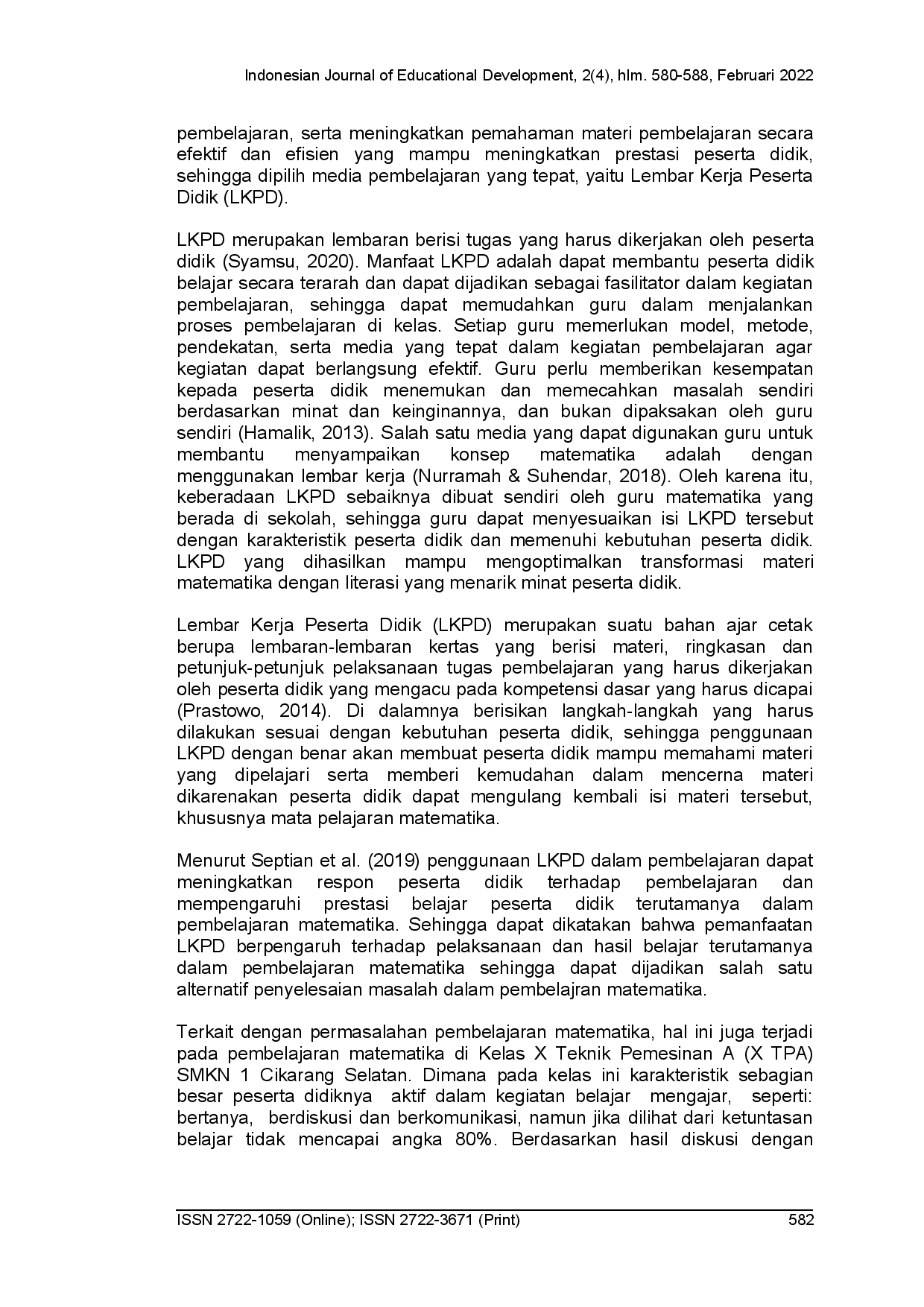 juris Penggunaan lembar kerja peserta didik untuk meningkatkan prestasi belajar matematika pada SMKN 1 Cikarang Selatan