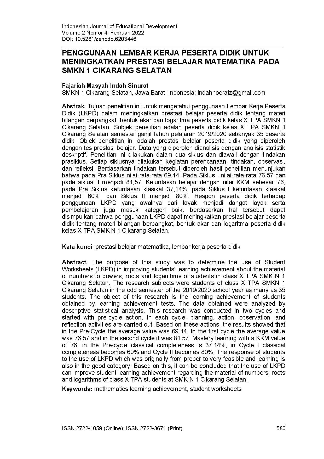 juris Penggunaan lembar kerja peserta didik untuk meningkatkan prestasi belajar matematika pada SMKN 1 Cikarang Selatan