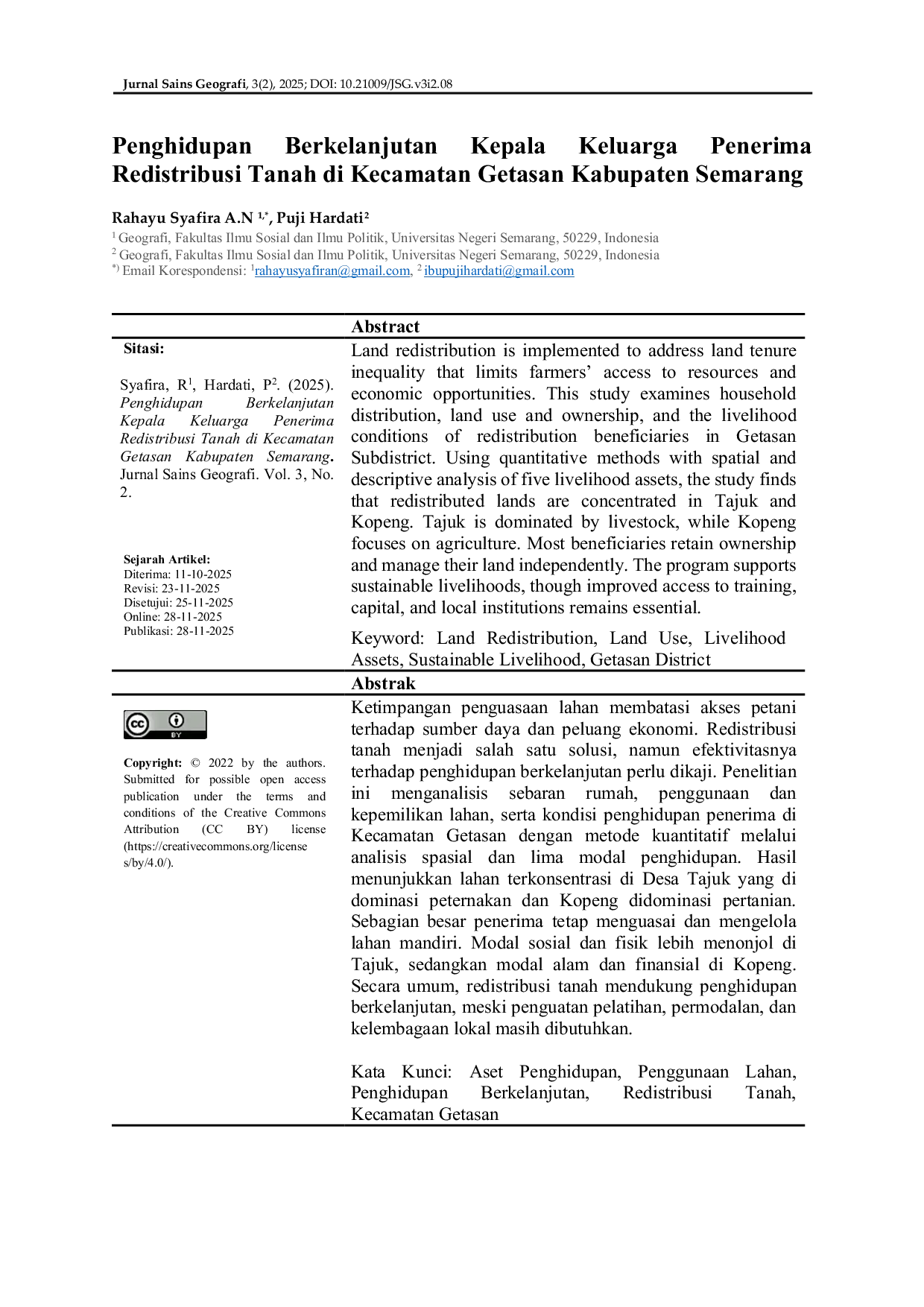 JURIS Nugroho1 Hardati2 2025 Penghidupan Berkelanjutan Kepala Keluarga Penerima Redistribusi Tanah di Kecamatn Getasan Kabupaten Semarang