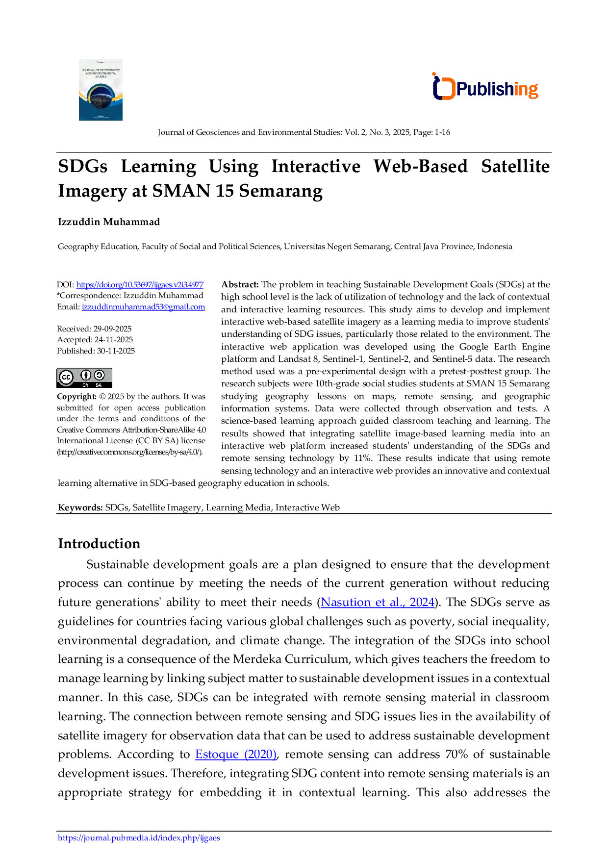 JURIS SDGs Learning Using Interactive Web Based Satellite Imagery at SMAN 15 Semarang